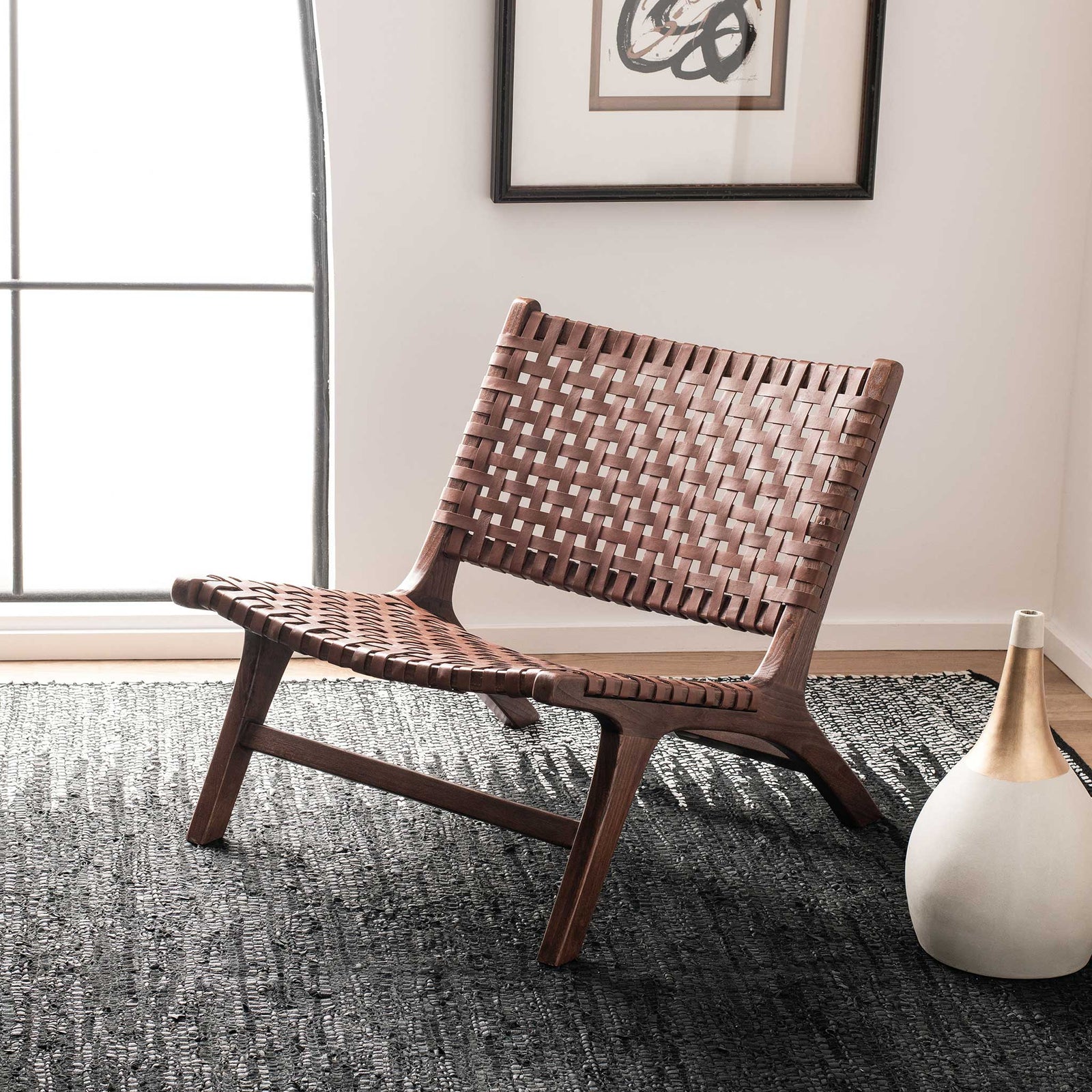 Luke Leather Woven Accent Chair Cognac/Brown