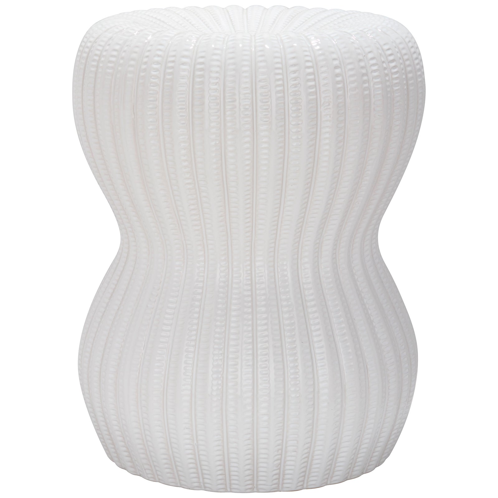 An hourglass silhouette and textured vertical ribs give this white ceramic garden stool sculptural appeal. || ACS4518A || front_studio