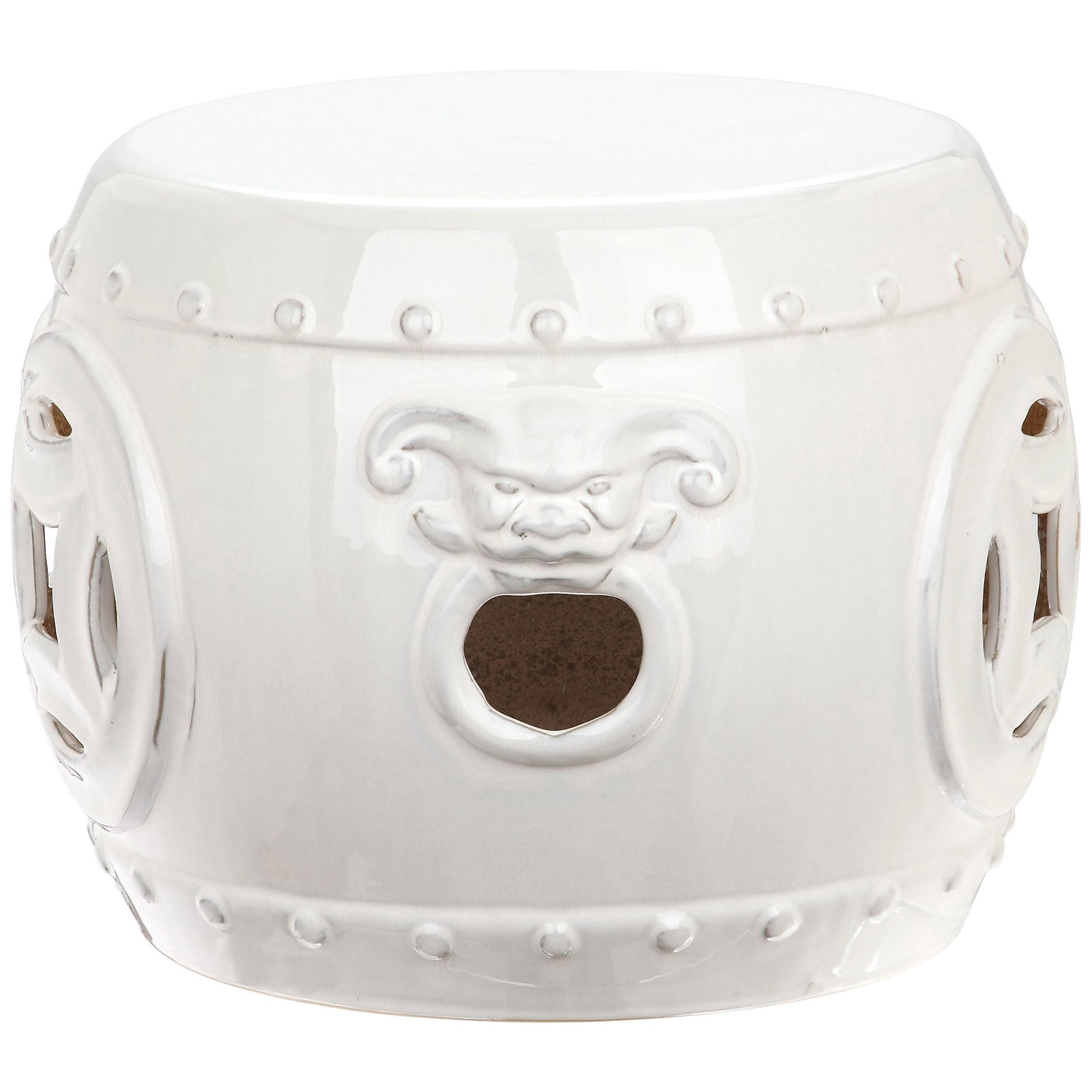 Antique white glazed stool features a sculpted face accent, circular opening and coin-cutout sides. || ACS4534A || side_studio