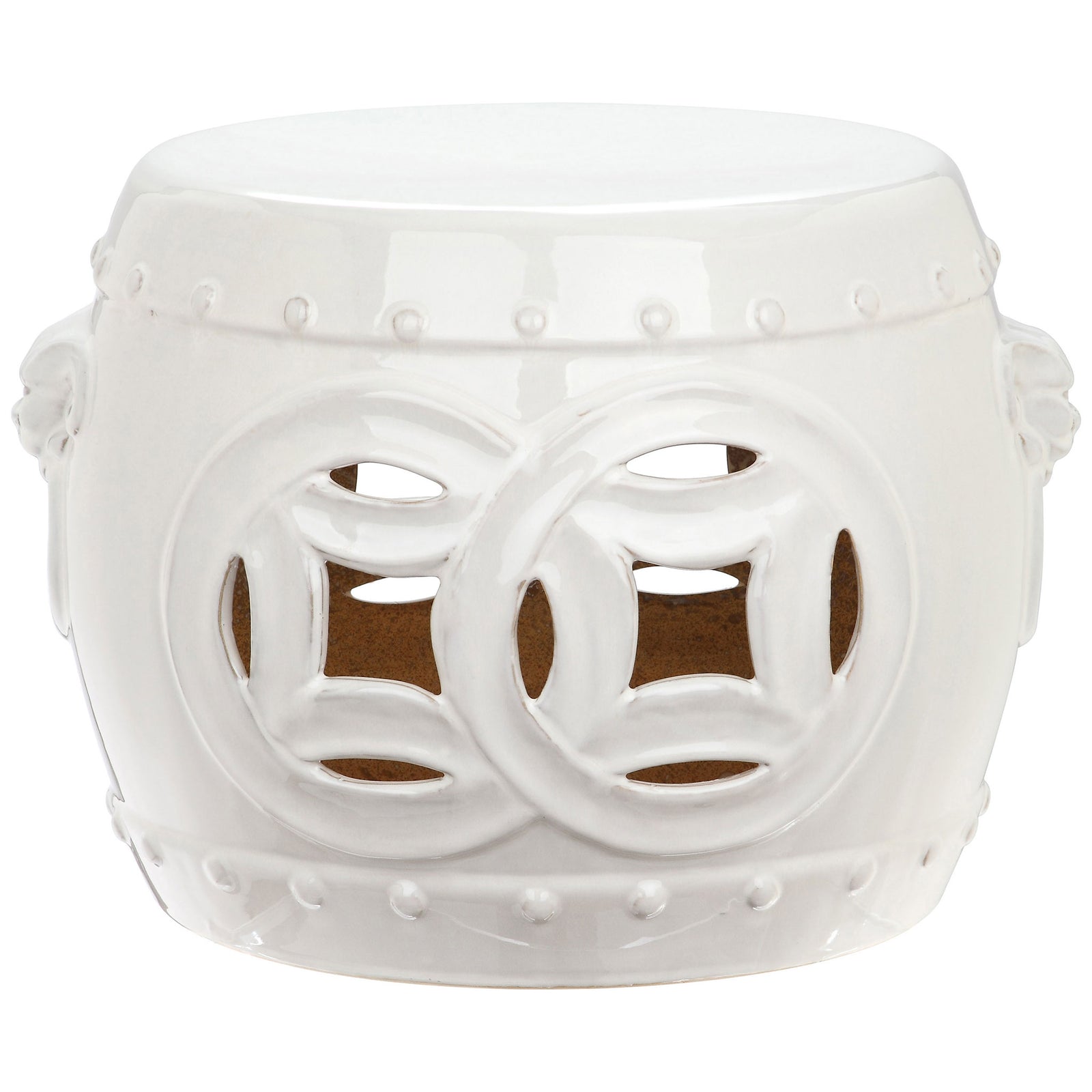Antique white ceramic stool pairs intertwined coin cutouts with a smooth round top and beaded bands. || ACS4534A || front_studio