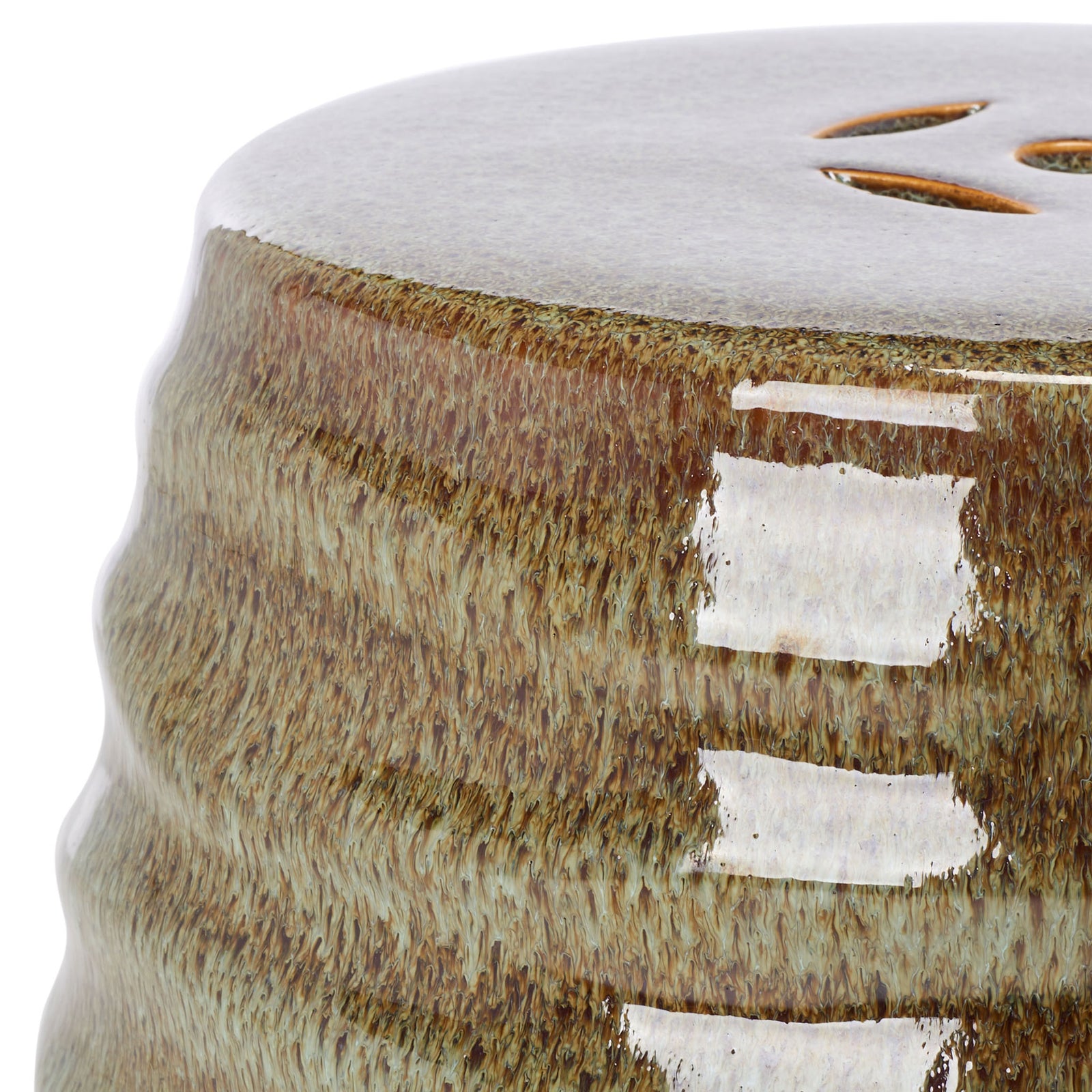 A pale vented seat meets richly mottled brown glaze along the stool's wavy ceramic rim. || ACS4575B || detail_studio
