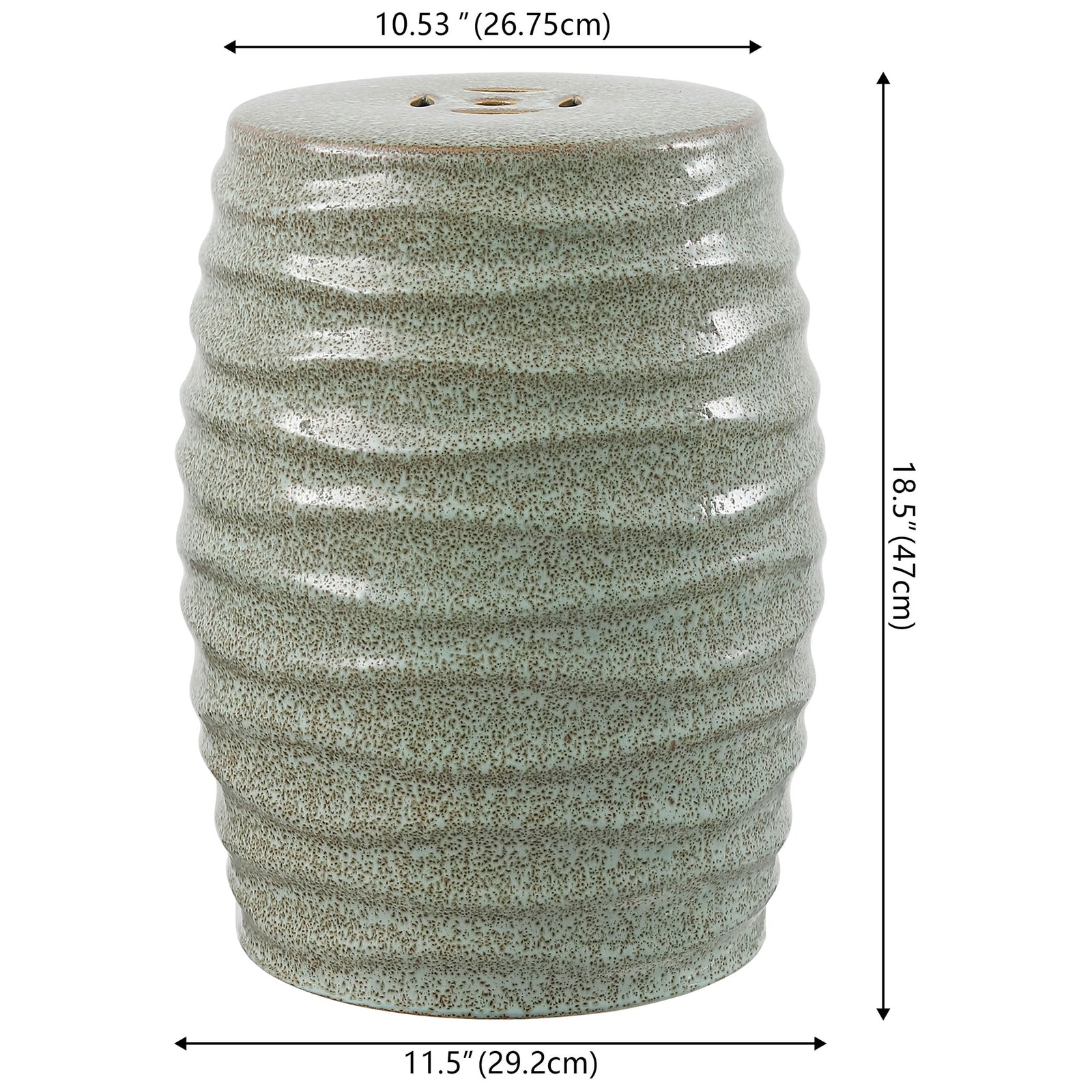 Ribbed ceramic garden stool measures 18.5 inches tall and 11.5 inches wide at the base. || ACS4575B || dimension_studio