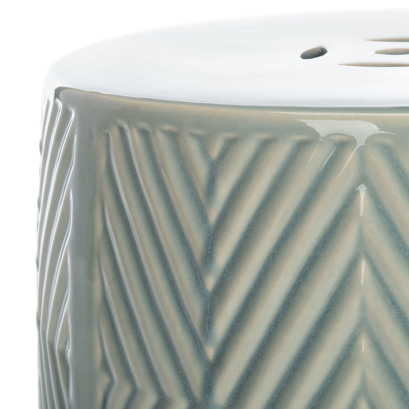 A glossy blue ceramic rim meets raised chevron lines beneath a smooth, pierced top. || ACS4578A || detail_studio