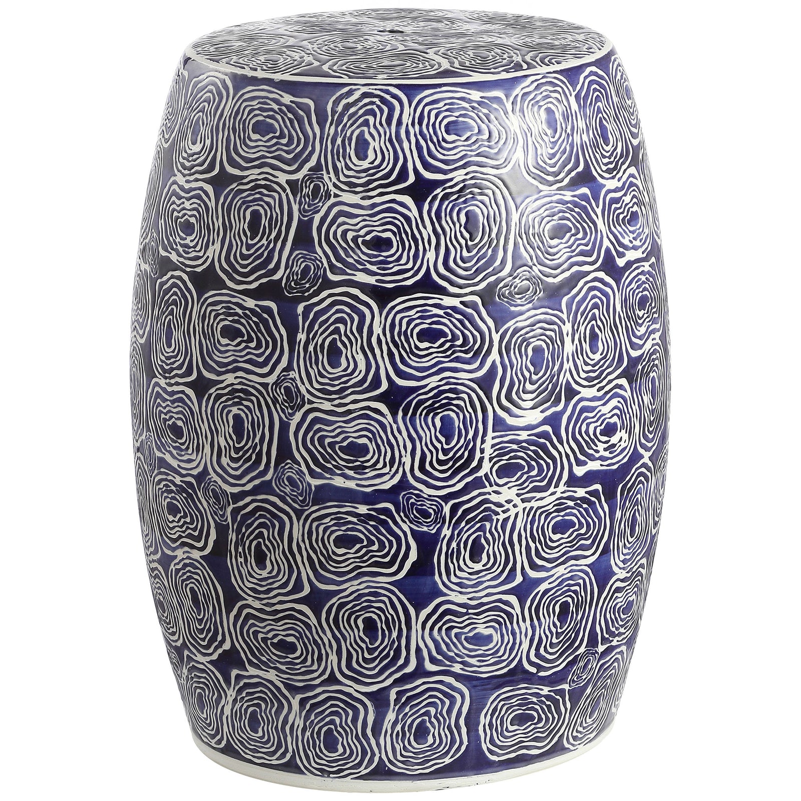 Blue and white ceramic garden stool with a rounded profile and concentric ring patterns || ACS4580A || front_studio