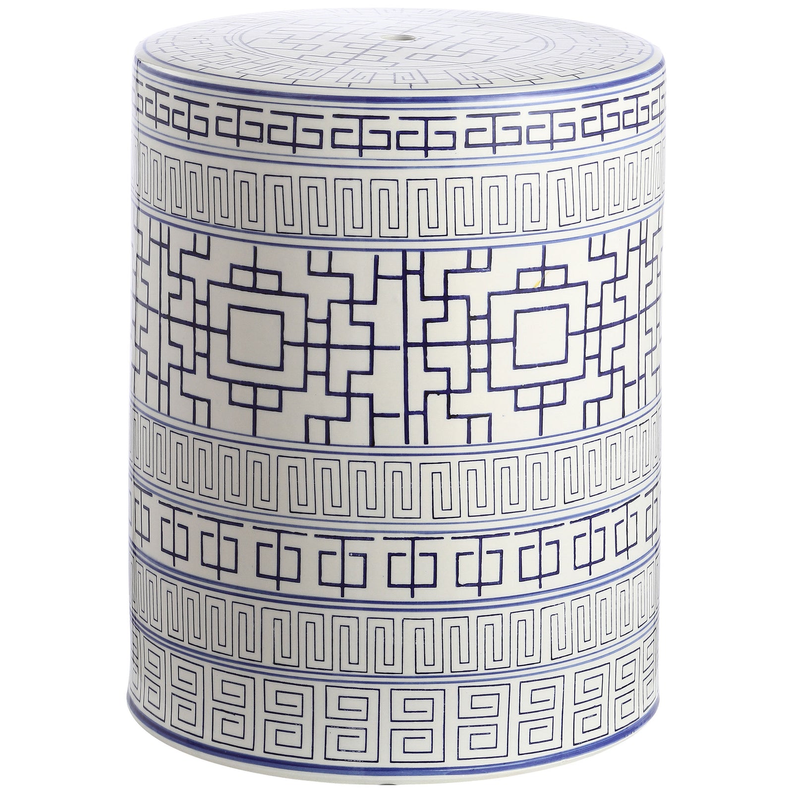 Blue and white glazed ceramic garden stool with intricate geometric bands and a round top || ACS4581A || front_studio