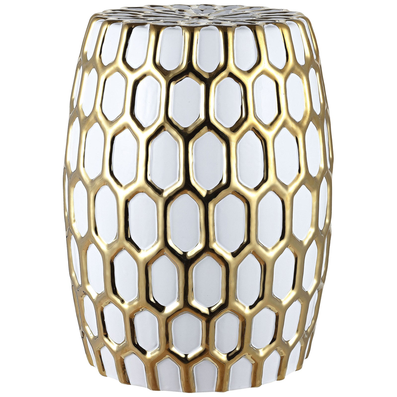 A glossy gold honeycomb pattern brings bold contrast to this white ceramic garden stool || ACS4587A || front_angle_studio