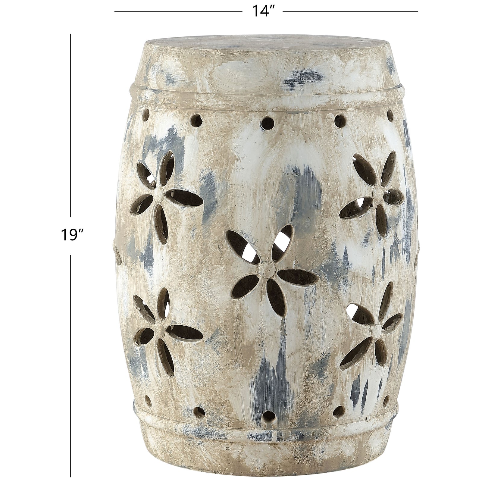Floral cutouts adorn a ceramic garden stool measuring 14 inches wide and 19 inches tall || ACS4589A || dimension_studio