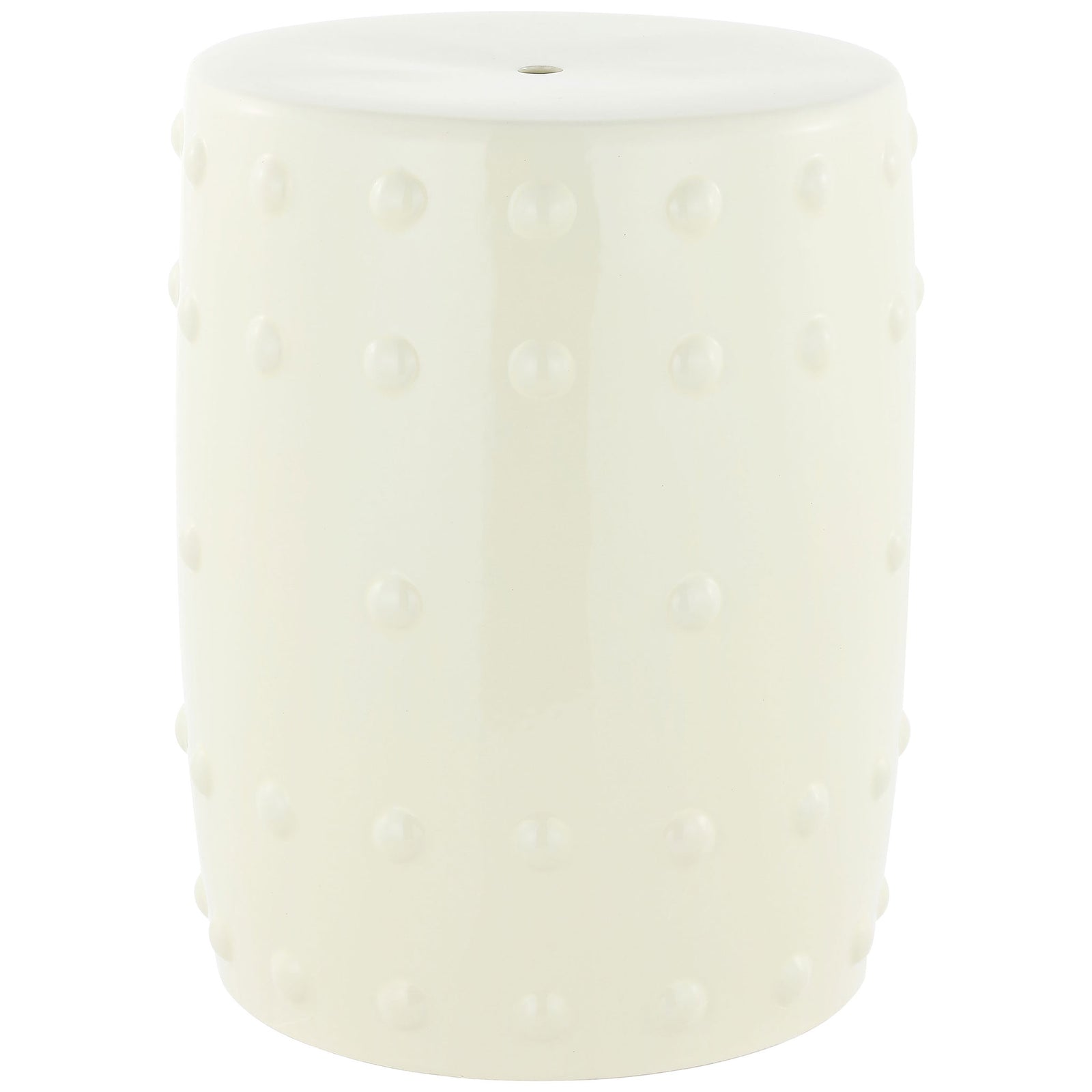 Glossy cream ceramic garden stool with a rounded silhouette, studded sides, and a smooth top || ACS4590A || front_angle_studio