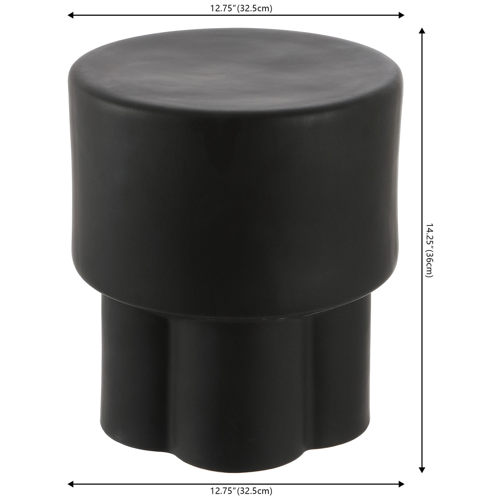 Matte black ceramic stool stands 14.25 inches tall and measures 12.75 inches across || ACS4593A || dimension_studio