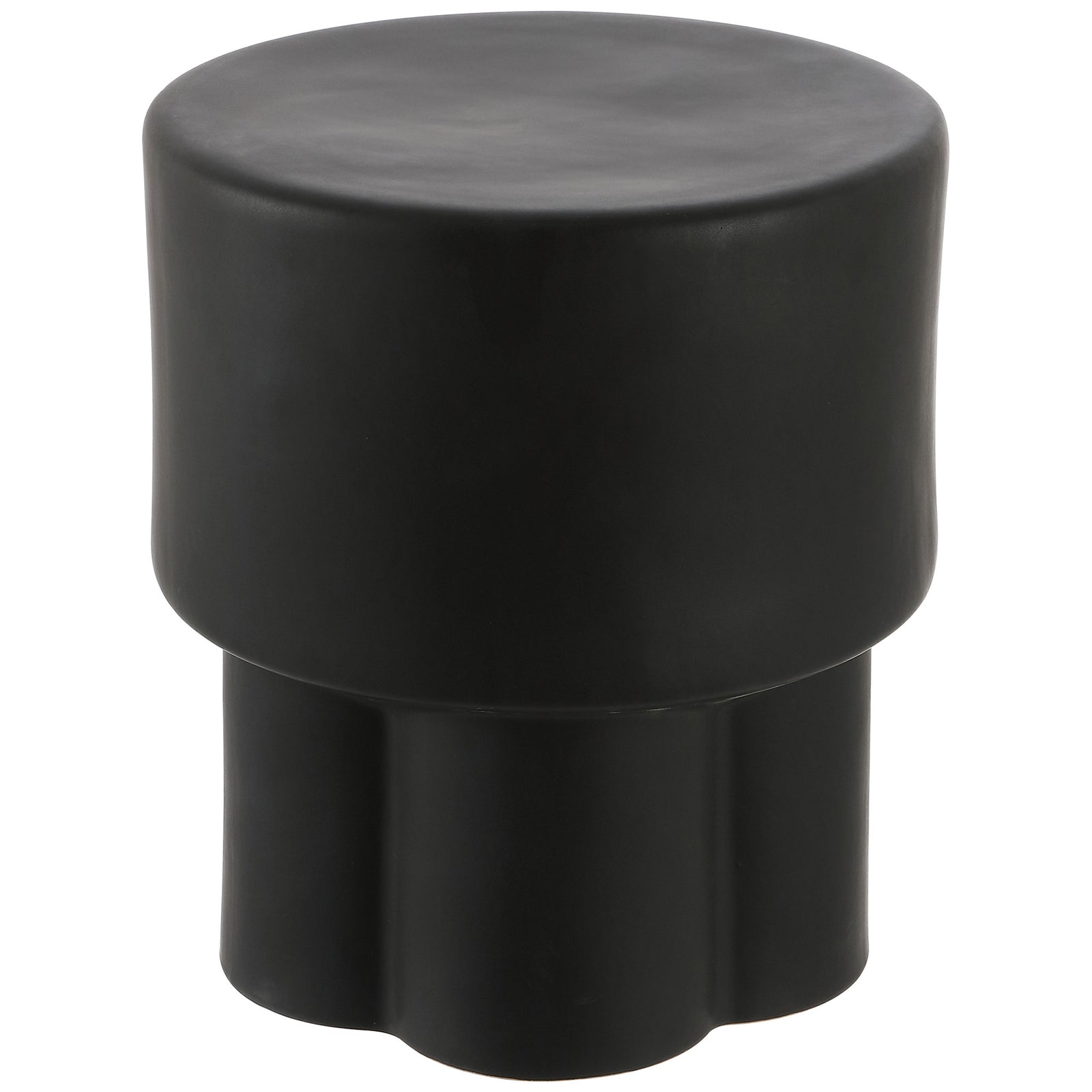Matte black ceramic garden stool pairs a broad circular seat with a fluted base || ACS4593A || front_studio