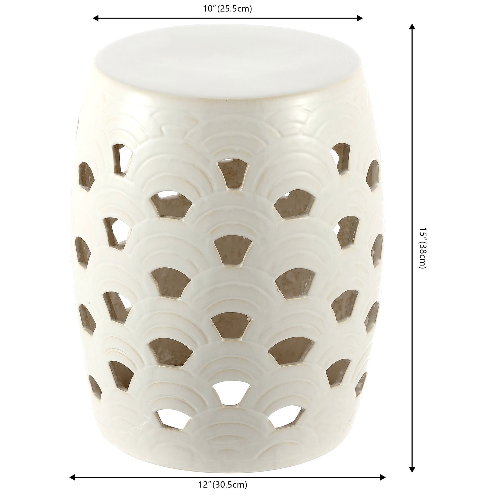 Cream ceramic stool stands 15 inches high with a 10-inch top and 12-inch base. || ACS4597A || dimension_studio