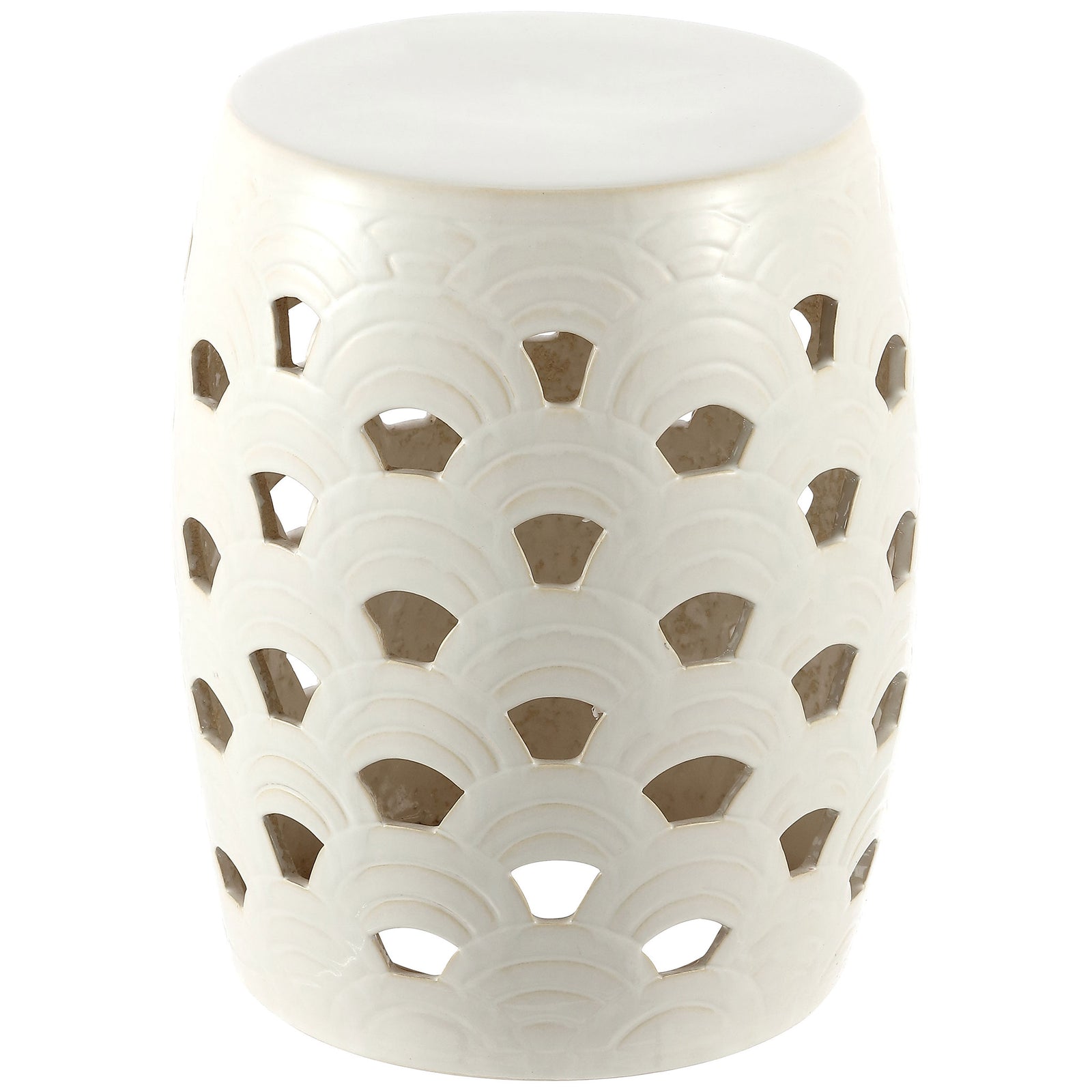 Cream ceramic garden stool combines a smooth seat with repeating arched cutouts. || ACS4597A || front_studio