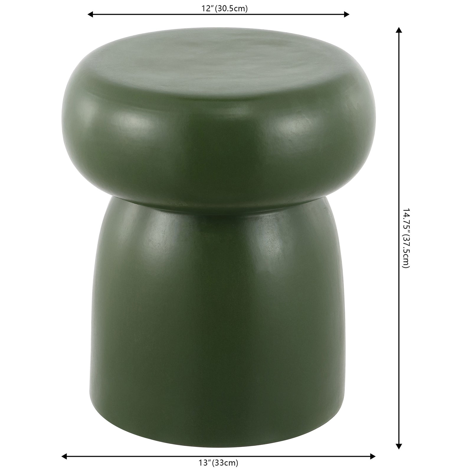 The moss green ceramic stool stands 14.75 inches tall, with a 12-inch top and 13-inch base. || ACS4598C || dimension_studio