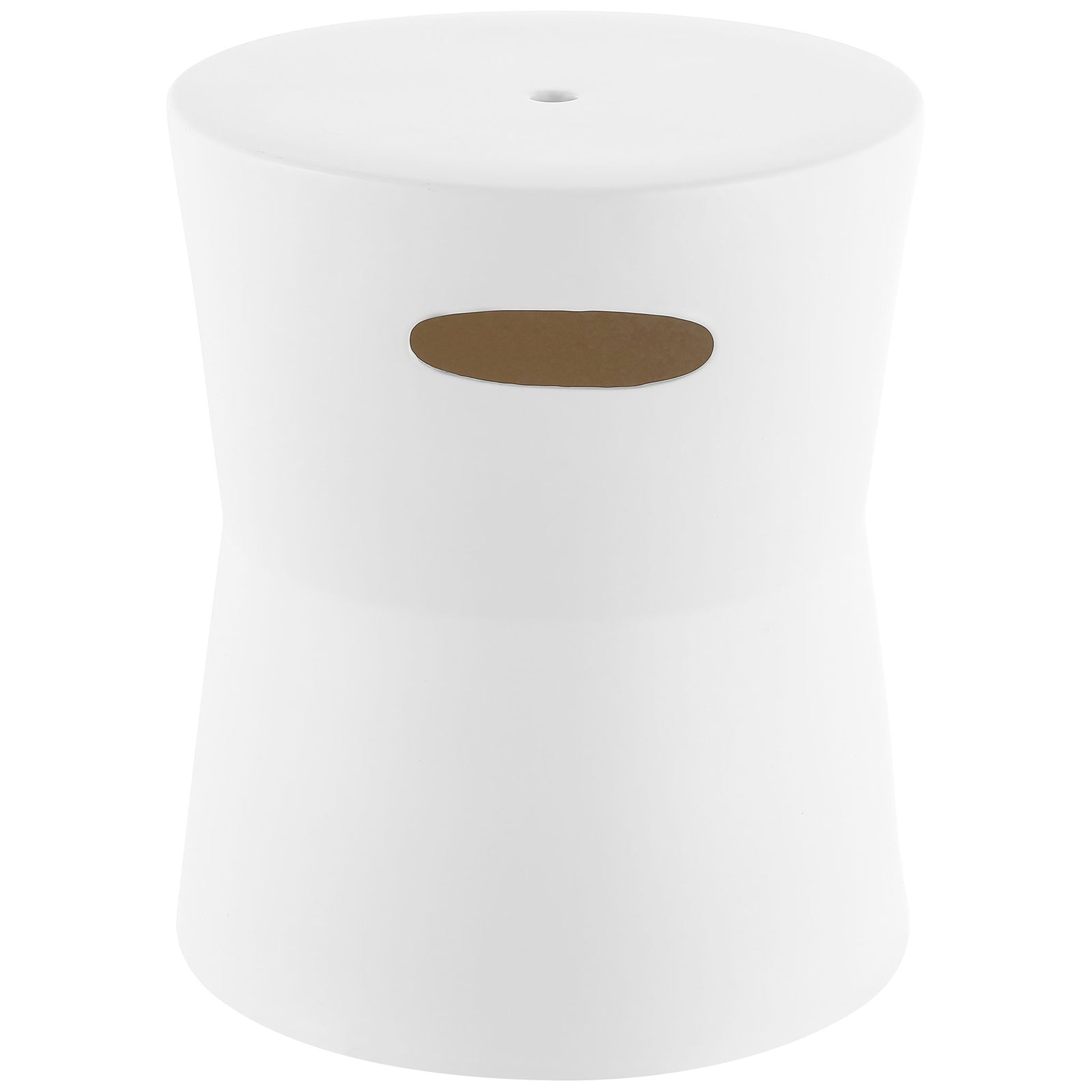 Matte white ceramic garden stool pairs a round seat with a sculpted waist and oval handhold || ACS4599A || front_angle_studio