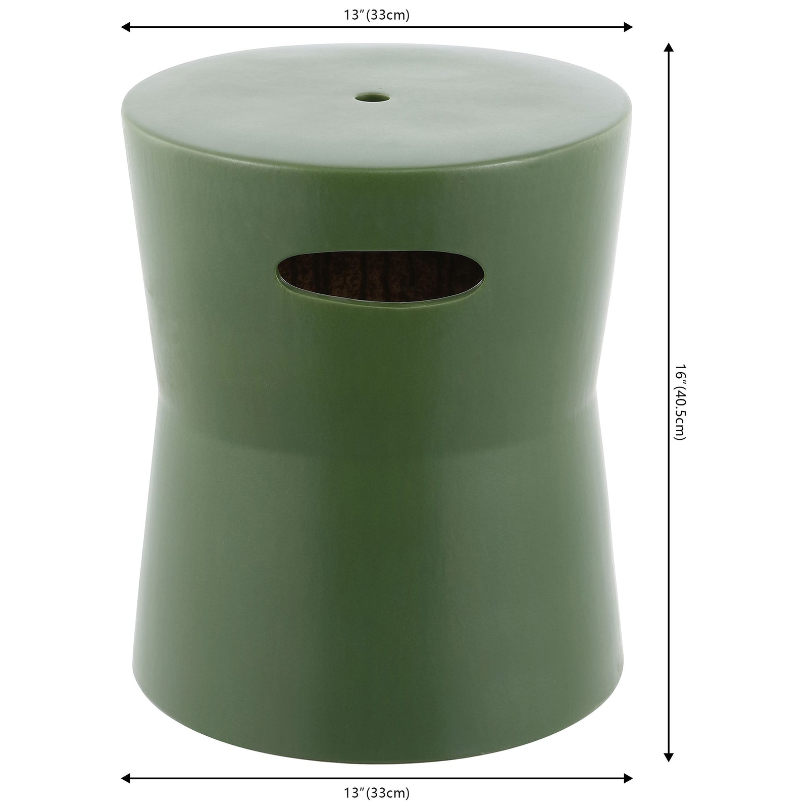 Moss-green ceramic garden stool measures 13 inches wide and 16 inches tall || ACS4599D || dimension_studio