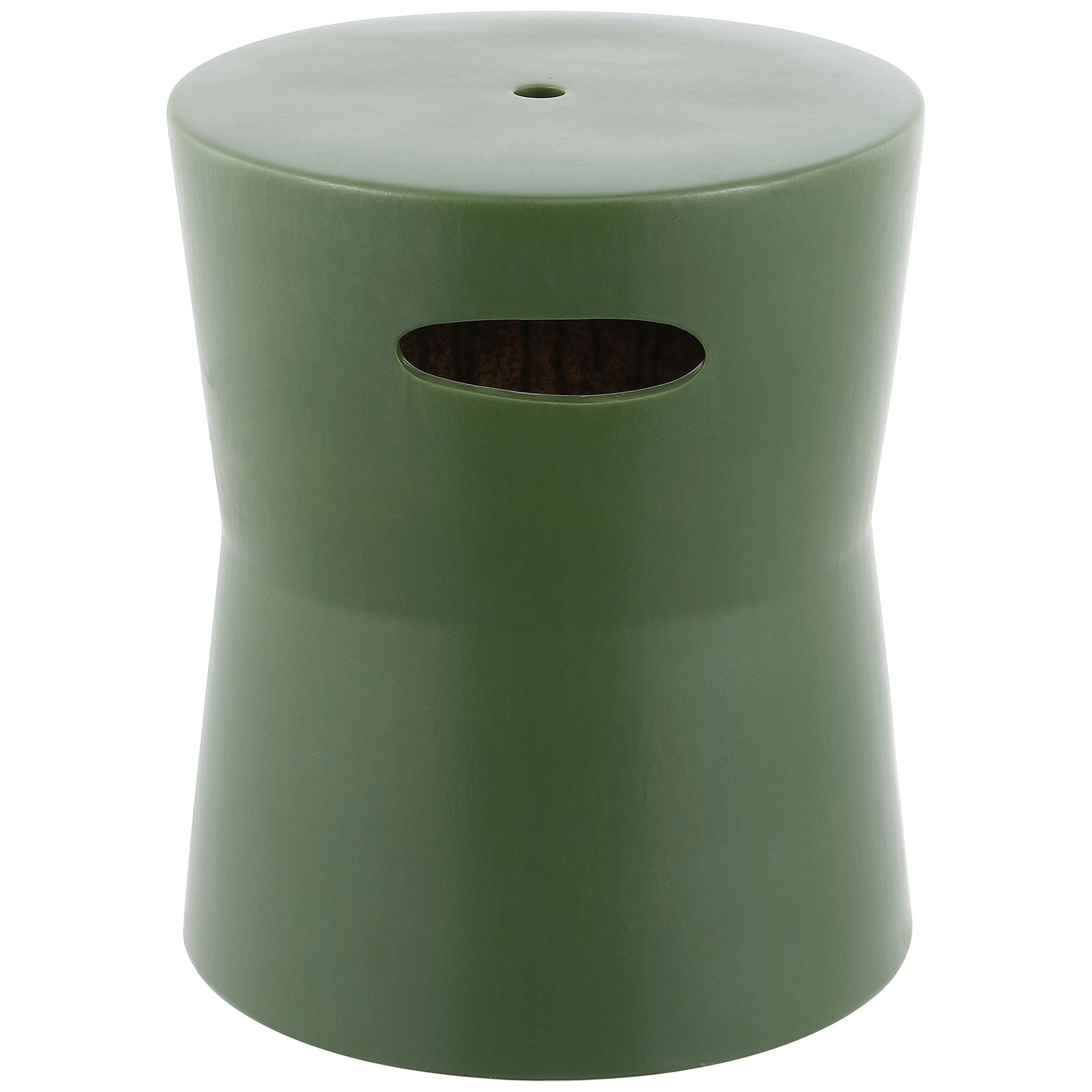 Moss-green ceramic garden stool combines a sculpted waist, round seat, and oval handhold || ACS4599D || front_angle_studio