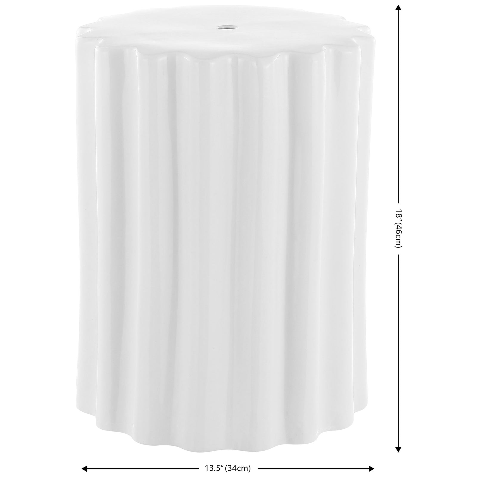 White fluted ceramic garden stool measures 13.5 inches wide and 18 inches high || ACS4600A || dimension_studio