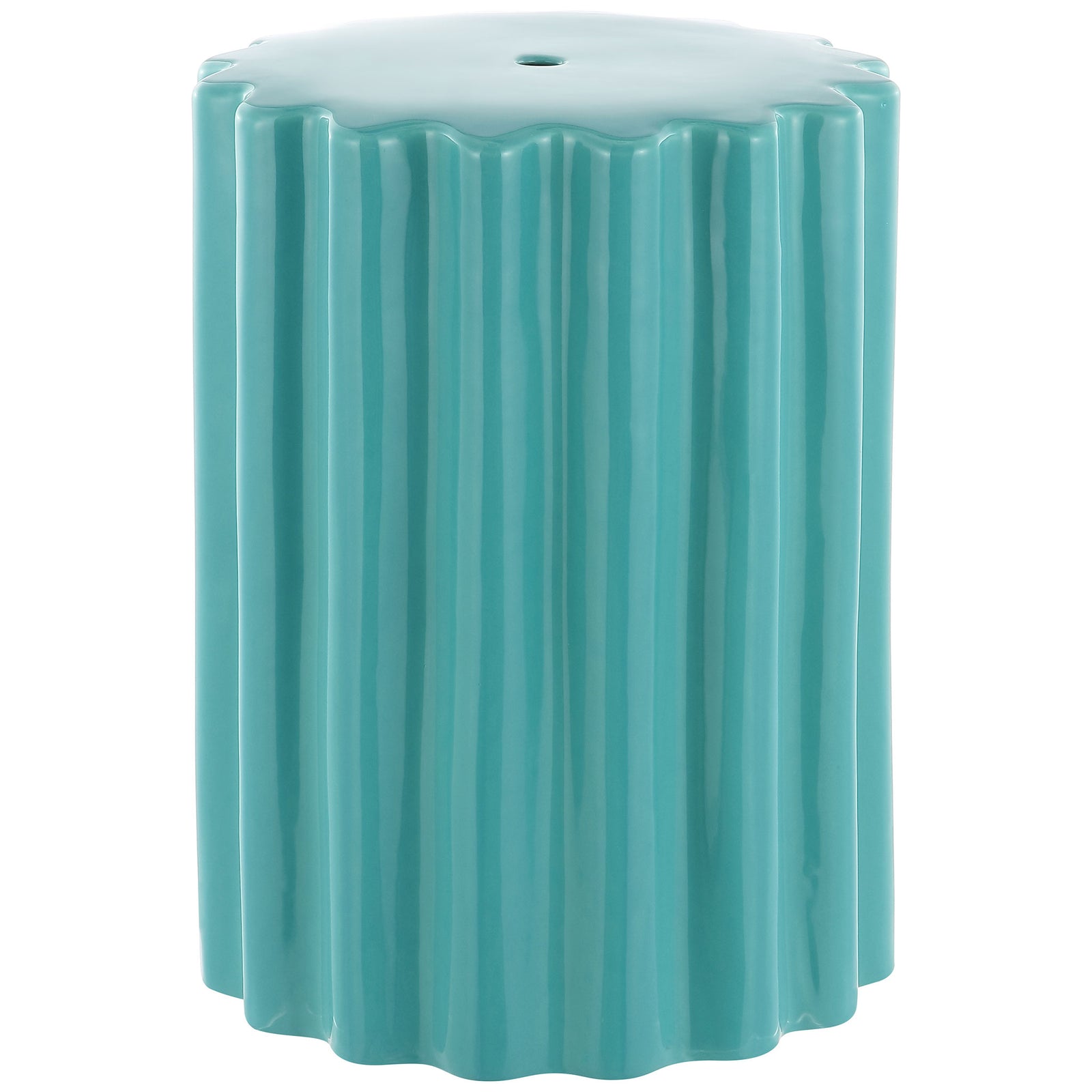Robin's egg blue ceramic garden stool with a glossy finish and sculptural fluting || ACS4600B || front_angle_studio