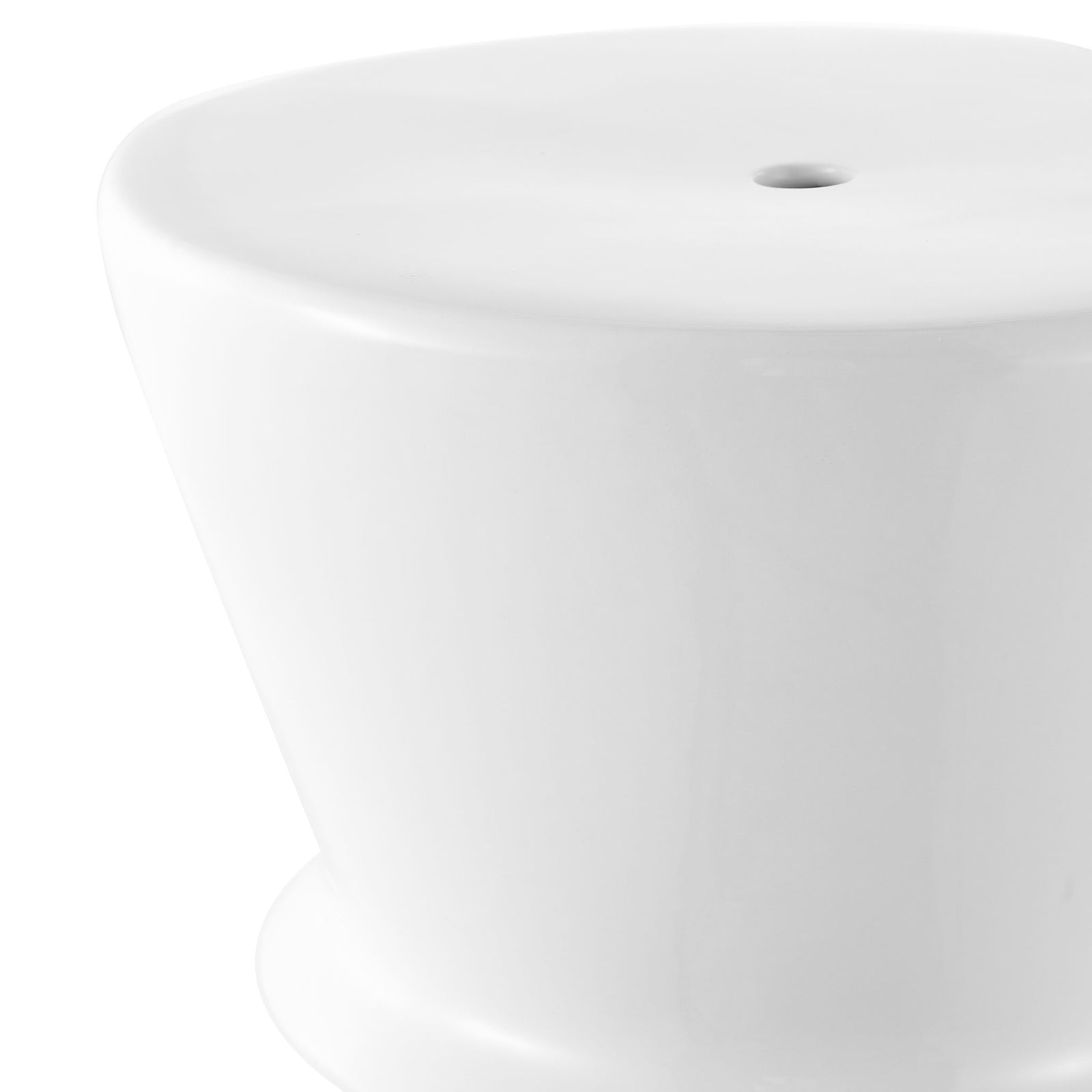A smooth white ceramic top features a small center opening and a softly rounded edge. || ACS4601A || detail_studio