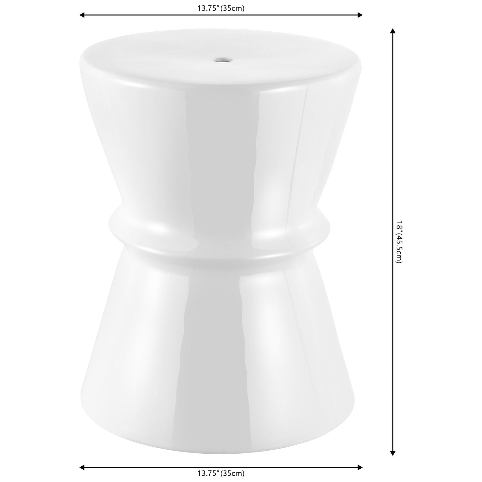 The white ceramic garden stool measures 13.75 inches across and 18 inches tall. || ACS4601A || dimension_studio