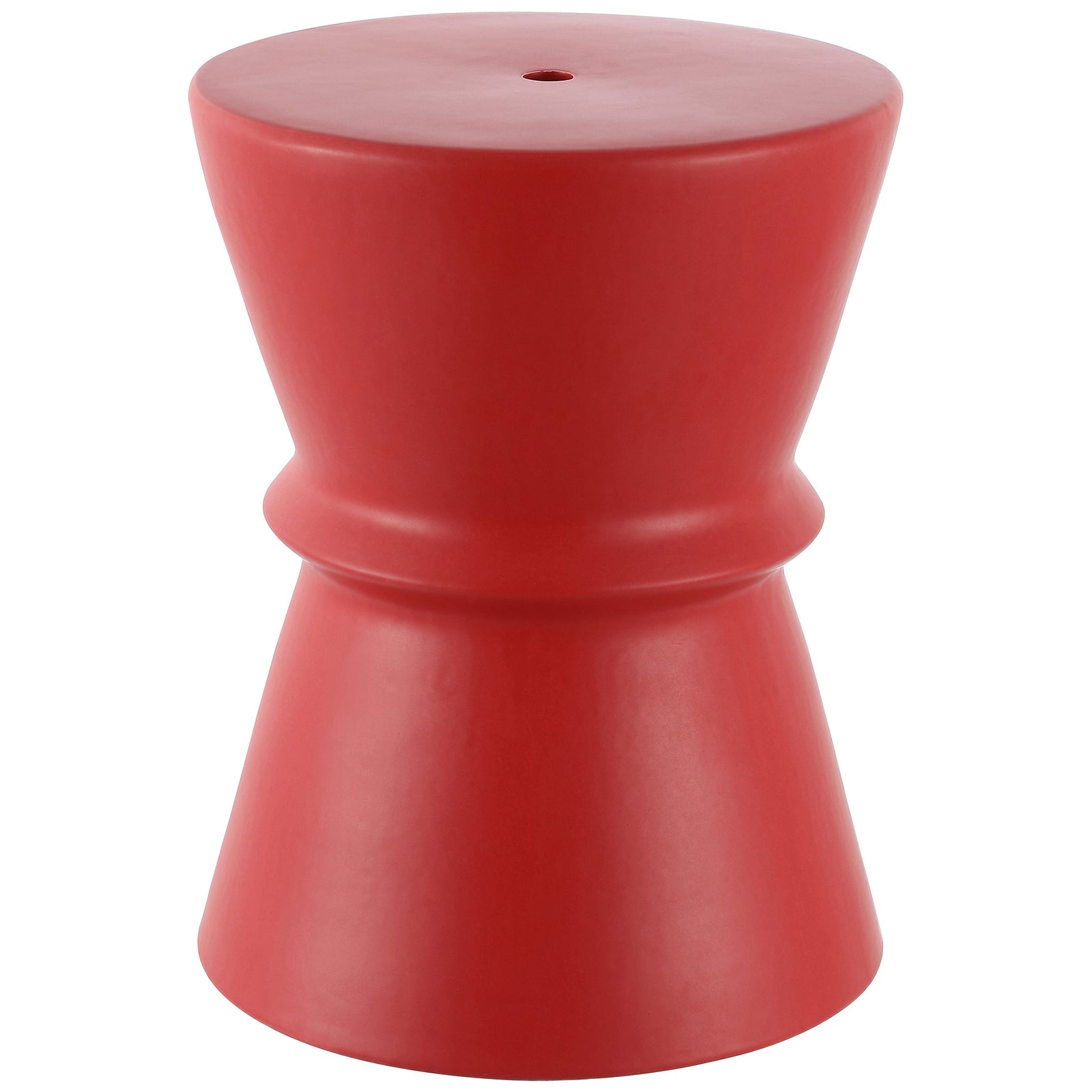 This bright red ceramic garden stool pairs a round top with a tapered, cinched silhouette. || ACS4601C || front_studio