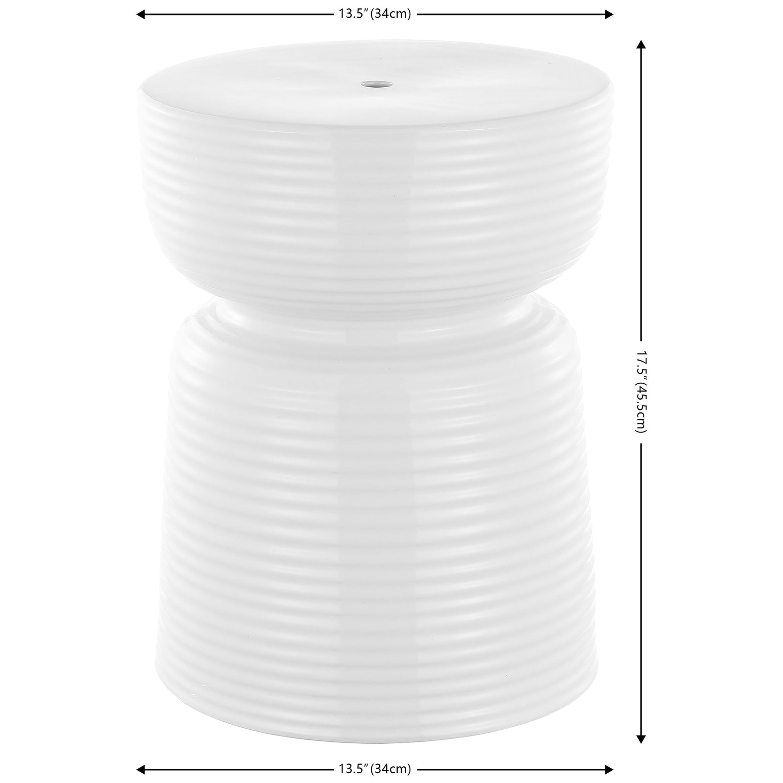 White ribbed ceramic stool stands 17.5 inches tall and measures 13.5 inches across || ACS4605A || dimension_studio