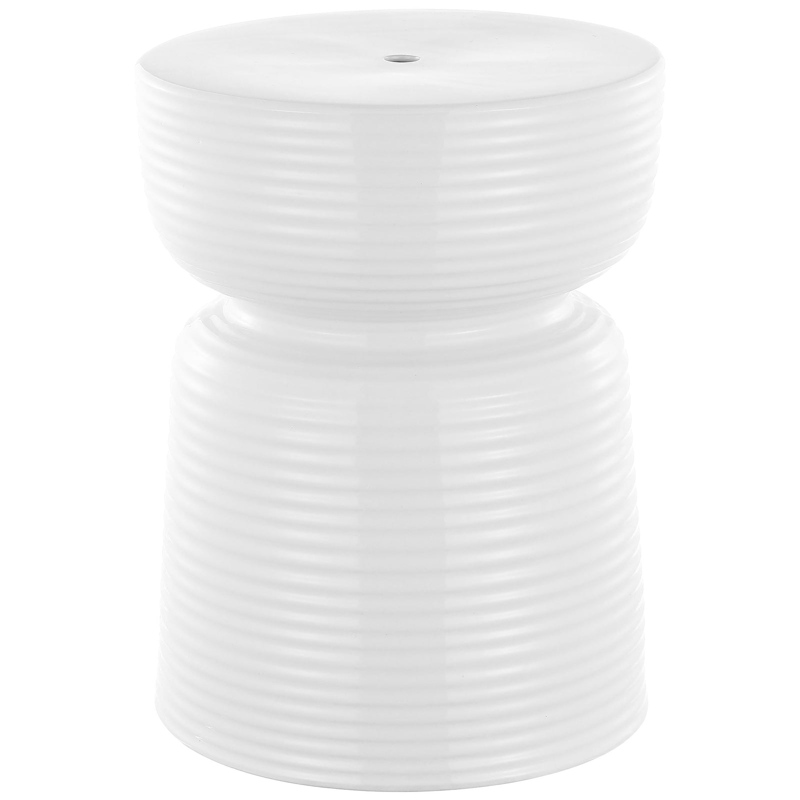 White ceramic garden stool pairs a sculpted waist with softly ribbed sides and a round top || ACS4605A || front_studio