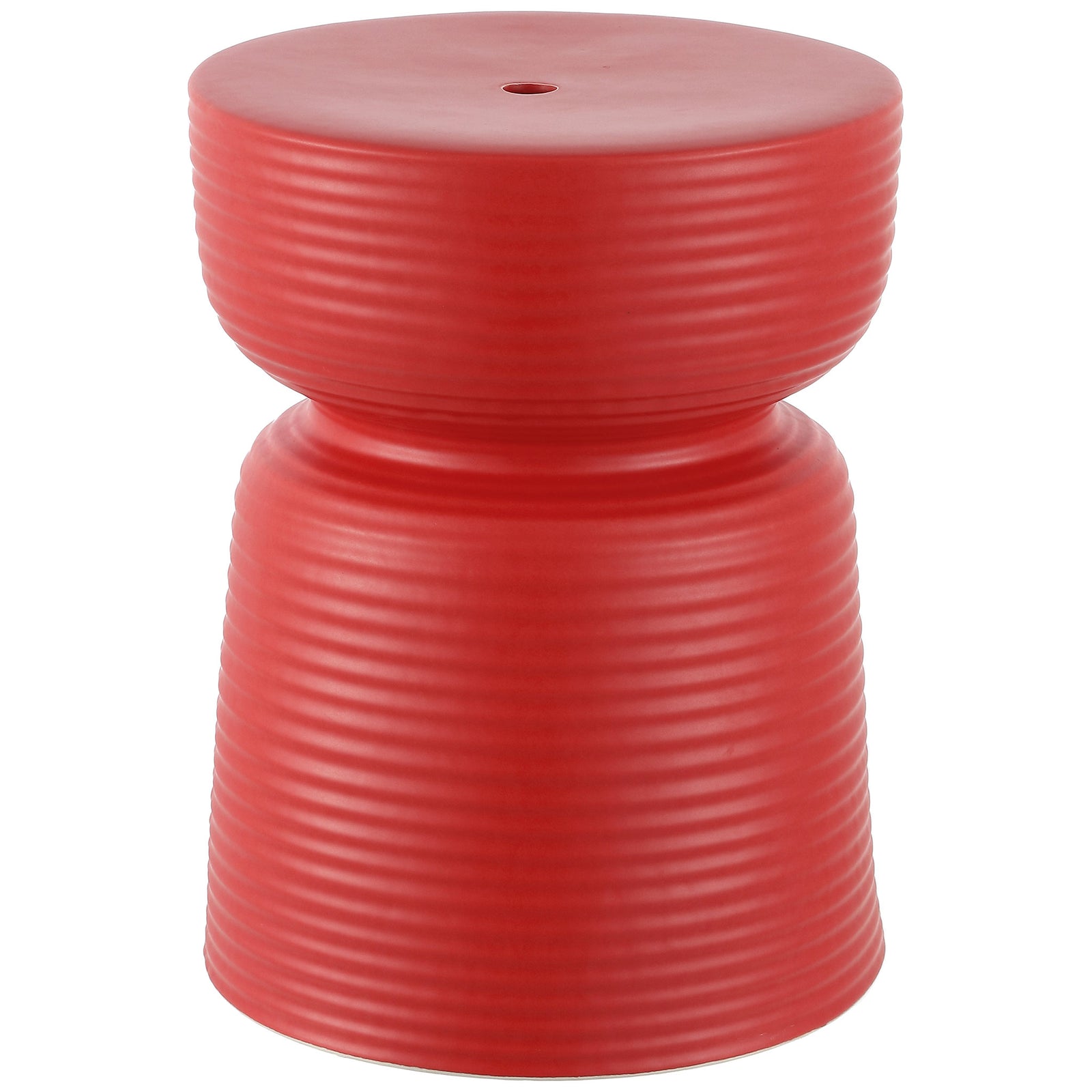 Bright red ceramic garden stool features a narrow waist, round top, and fine horizontal ridges || ACS4605C || front_studio