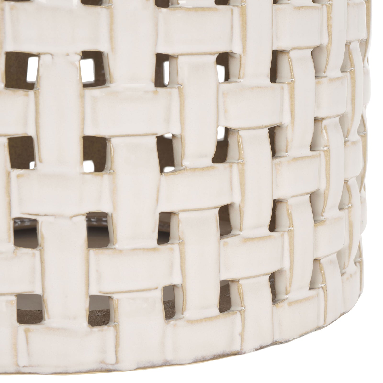 A rounded cream ceramic base supports the stool's open basket-weave lattice || ACS4606A || leg_studio
