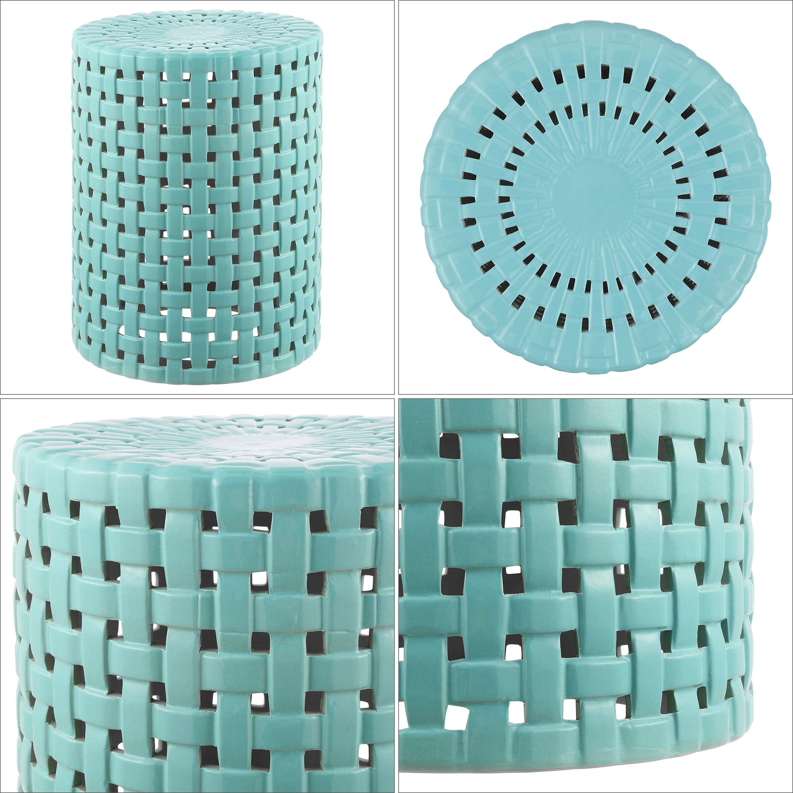 Robin's egg blue ceramic stool combines basket-weave cutouts with a circular openwork top || ACS4606B || detail_studio