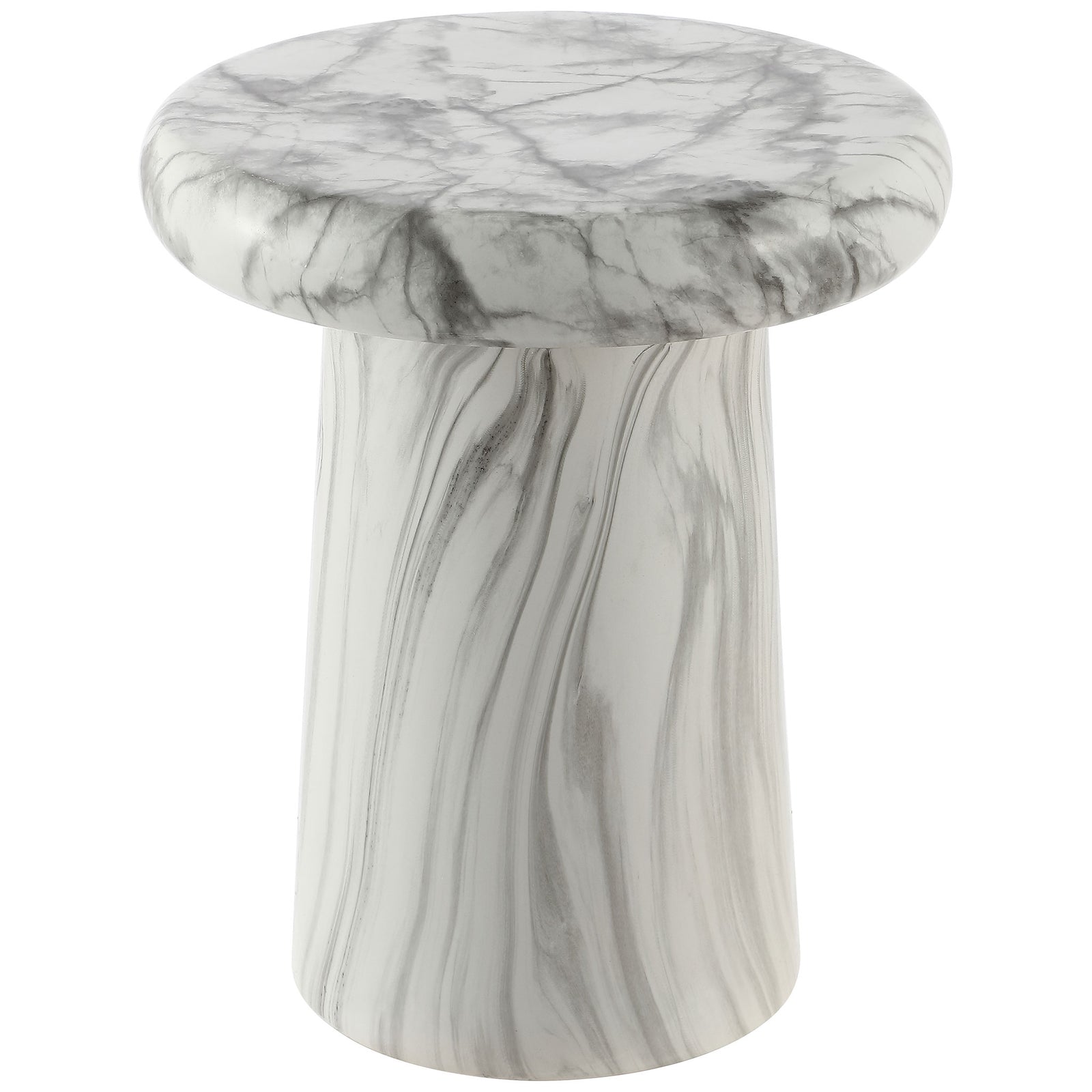 A white ceramic garden stool pairs gray marble-look veining with a broad, rounded seat. || ACS4607A || front_studio