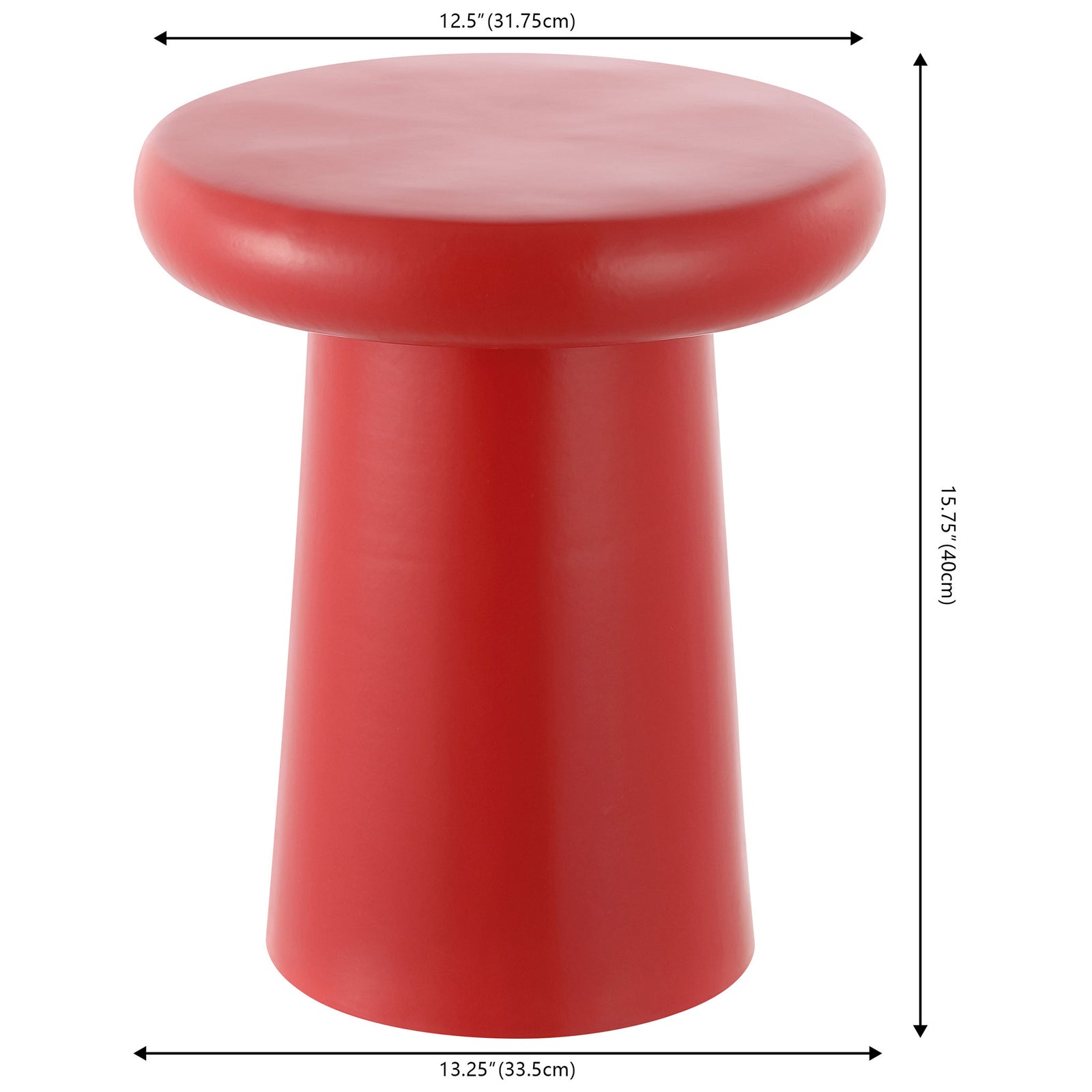 The bright red stool stands 15.75 inches tall, with a 12.5-inch seat and a 13.25-inch base. || ACS4607E || dimension_studio