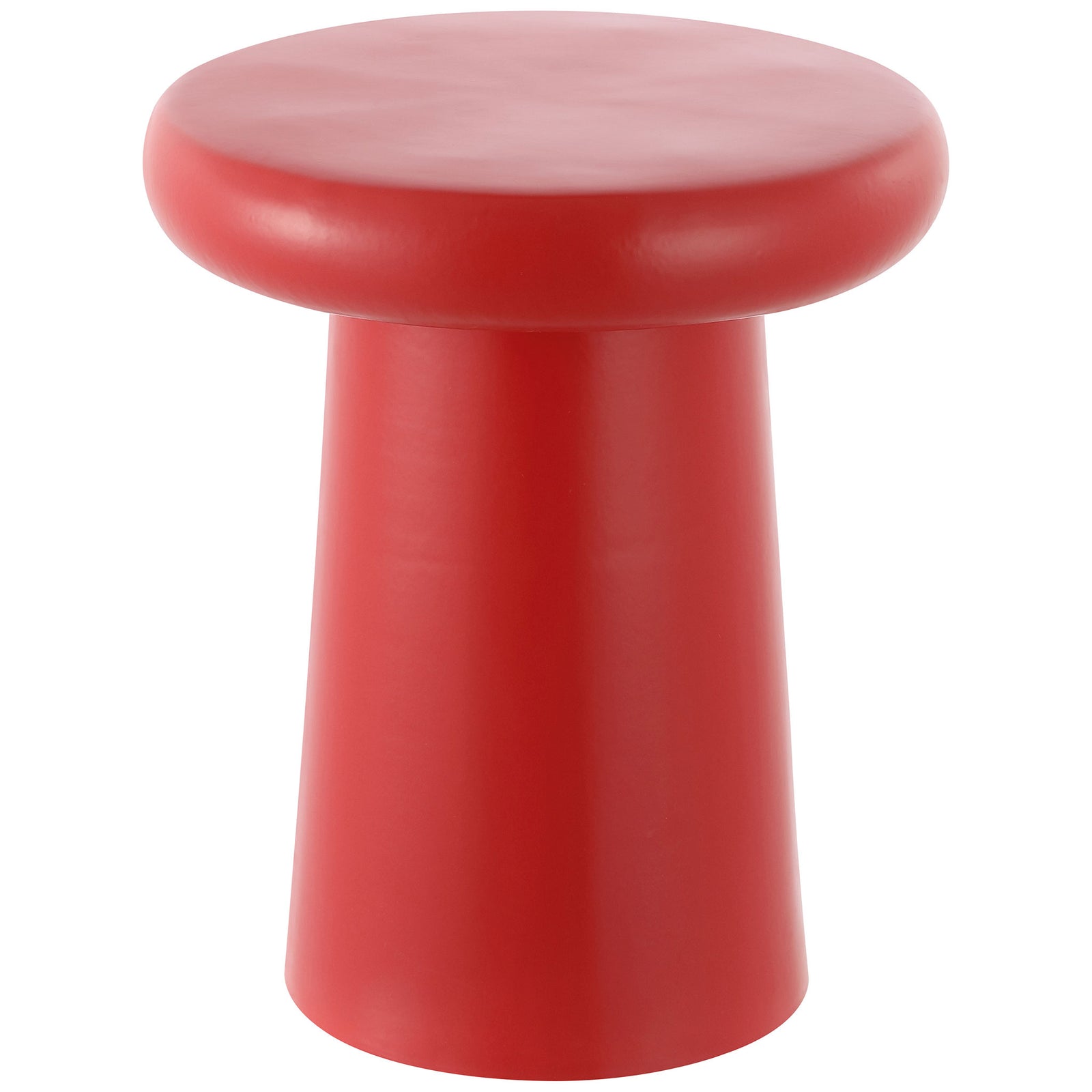 A bright red ceramic garden stool features a rounded seat and a tapered pedestal. || ACS4607E || front_angle_studio