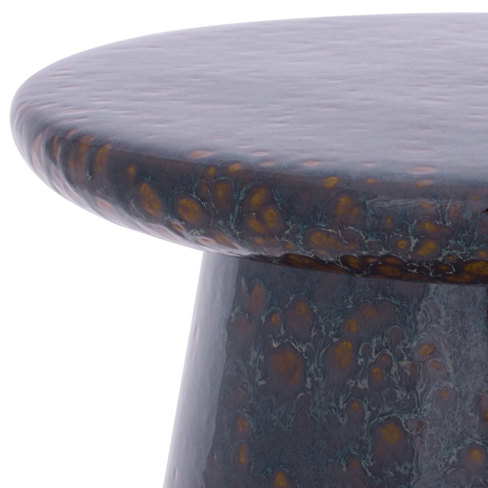Rounded tabletop edge displays an intricate dark blue glaze with warm amber speckles. || ACS4609B || detail_studio