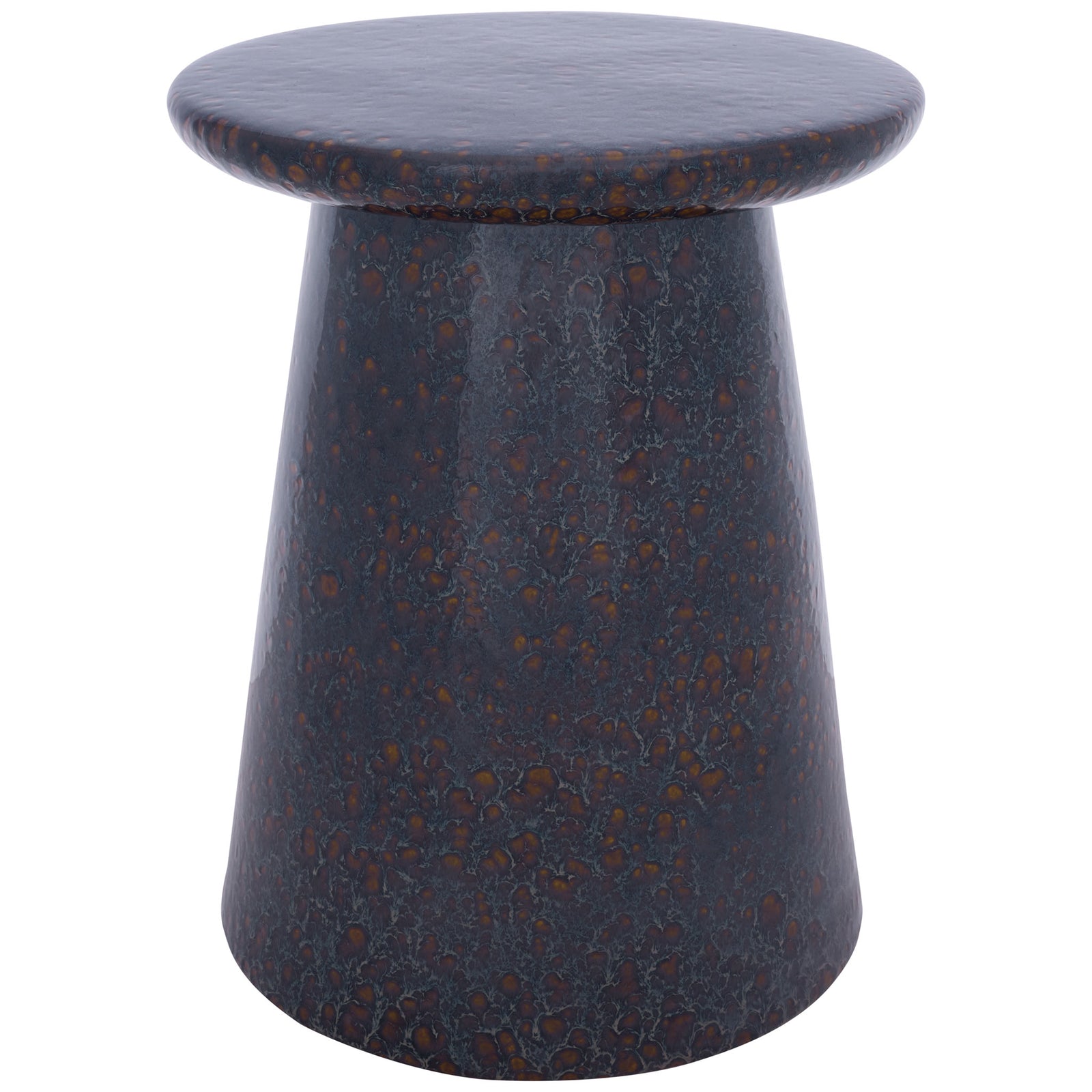 Dark blue ceramic garden stool features a broad round top and warm speckles across its tapered base. || ACS4609B || front_studio