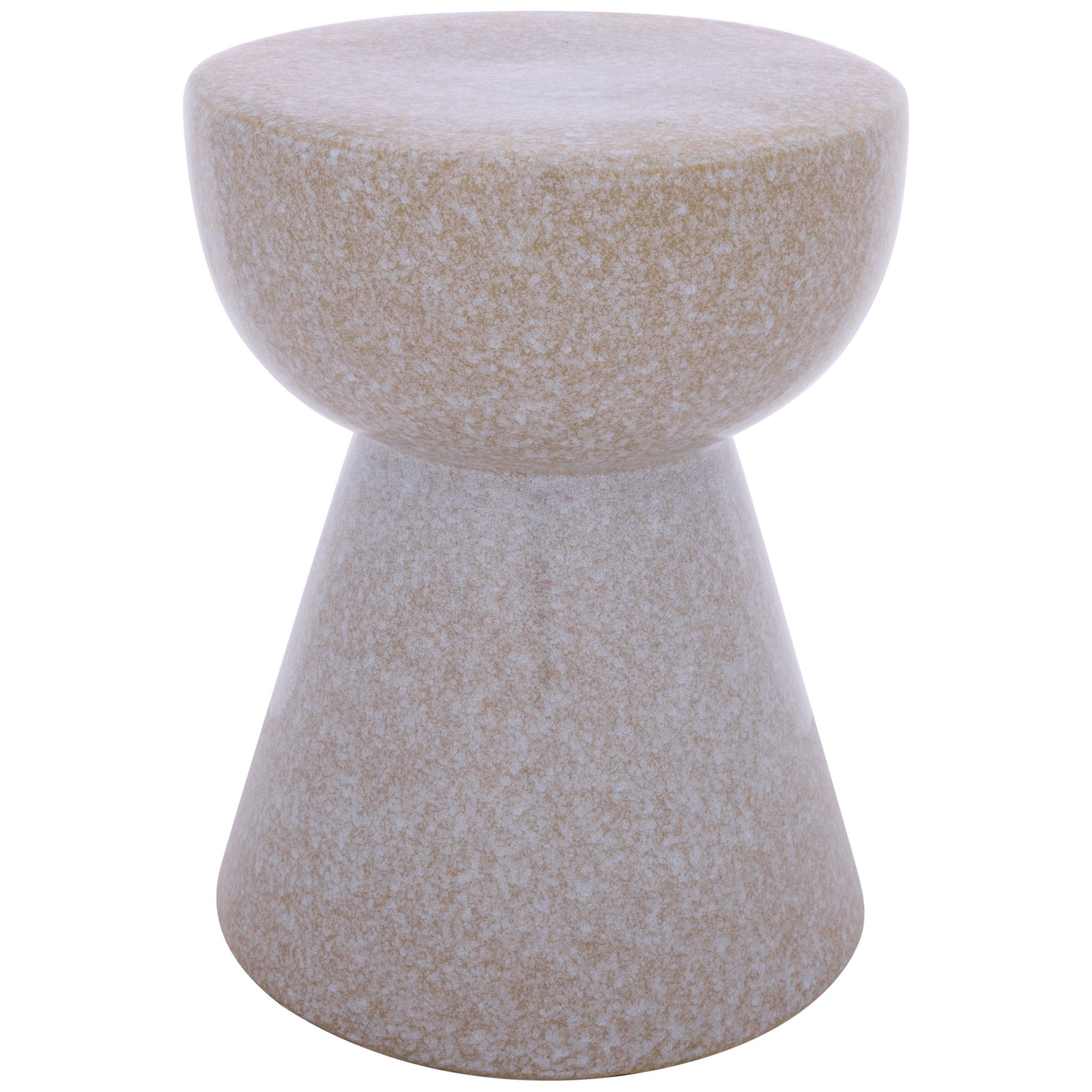 Light taupe ceramic garden stool combines a rounded seat and tapered pedestal in a mottled glaze. || ACS4611A || front_studio