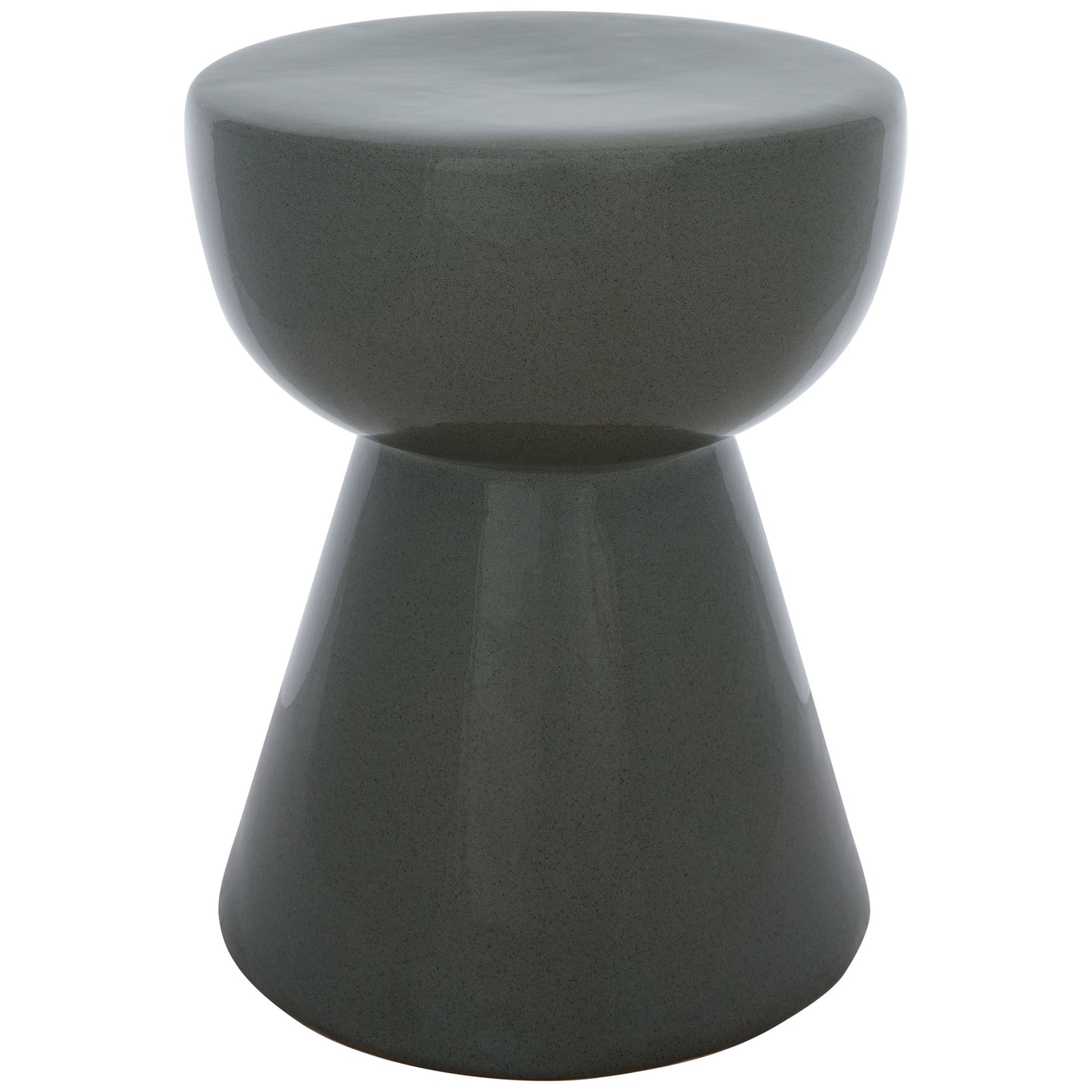 A muted green ceramic garden stool balances a rounded seat on a tapered pedestal. || ACS4611C || front_studio