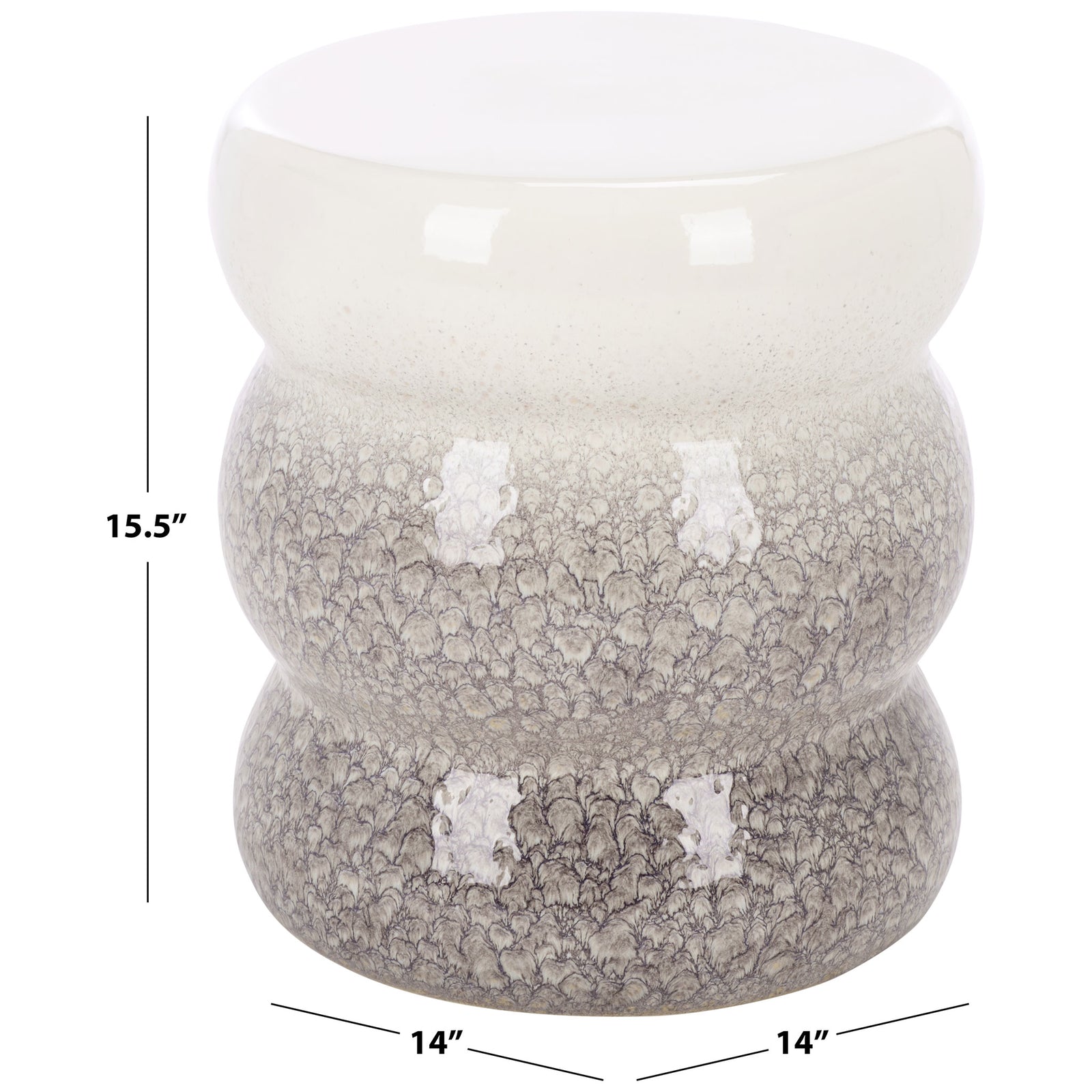 White and gray ceramic stool measures 14 inches across and 15.5 inches high. || ACS4612A || dimension_studio
