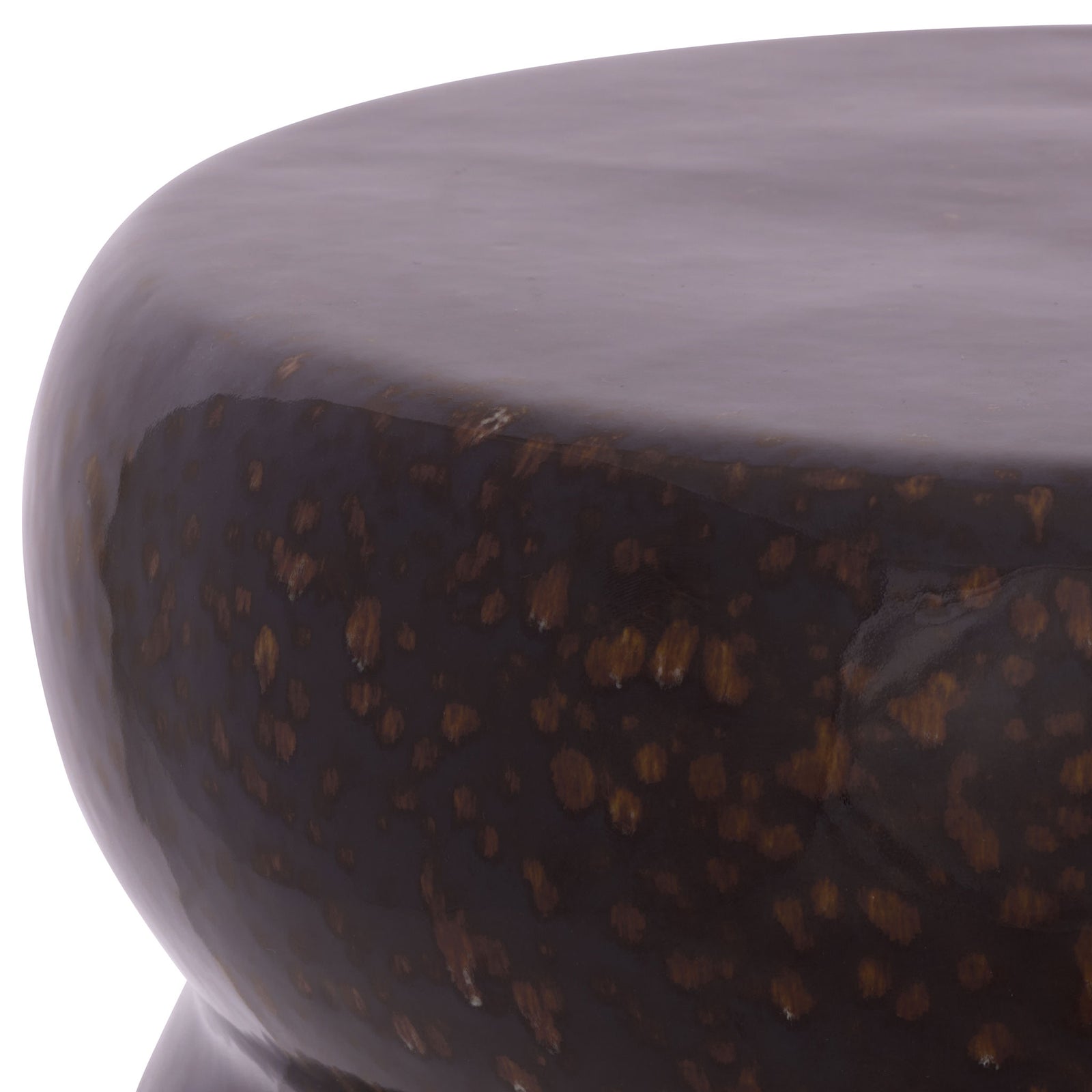 Deep brown ceramic glaze and warm amber speckles accent the stool's softly rounded top. || ACS4612B || detail_studio