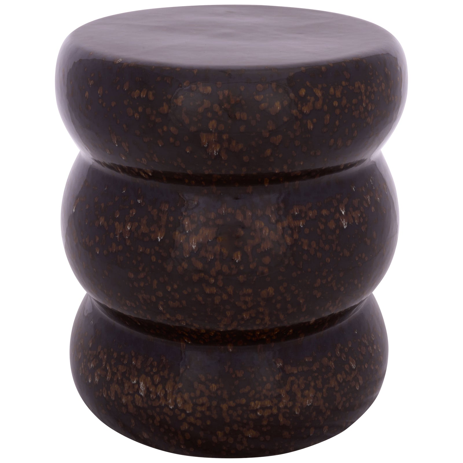 Glossy dark brown ceramic with coppery flecks shapes a sculptural, three-tier garden stool. || ACS4612B || front_studio