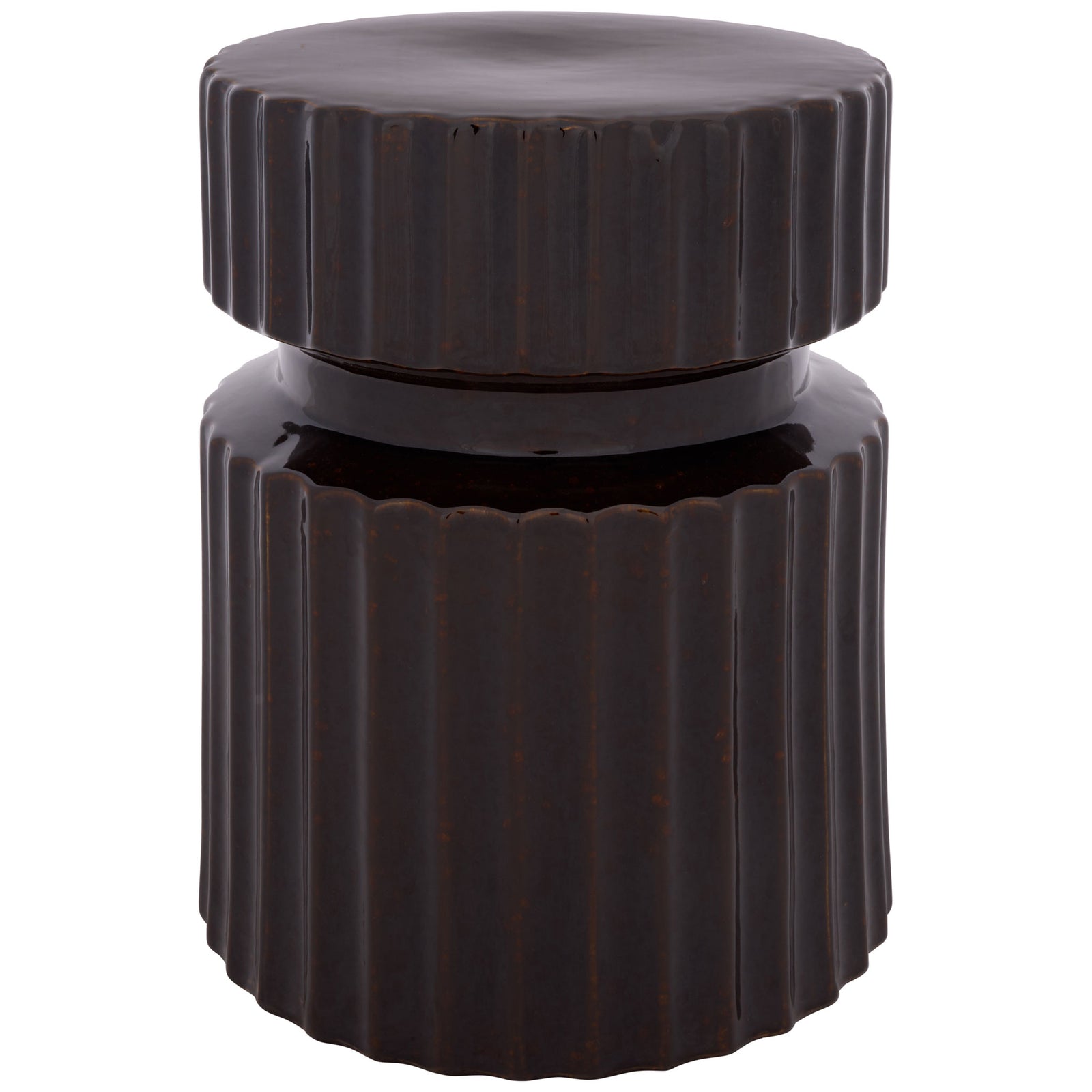 A rich brown ceramic garden stool pairs vertical fluting with a sculpted, recessed waist. || ACS4613A || front_studio