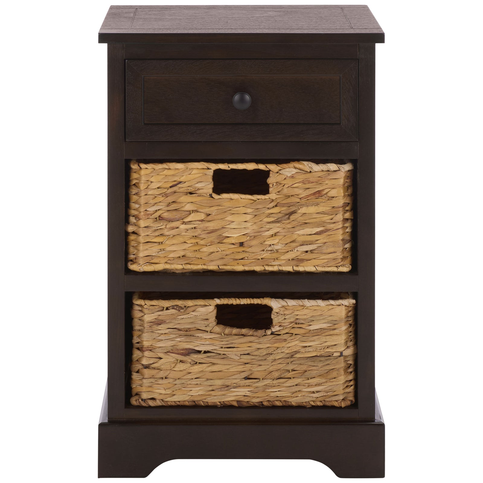 A dark brown side table offers a single drawer and two natural woven baskets beneath a compact top. || AMH5700H || front_studio