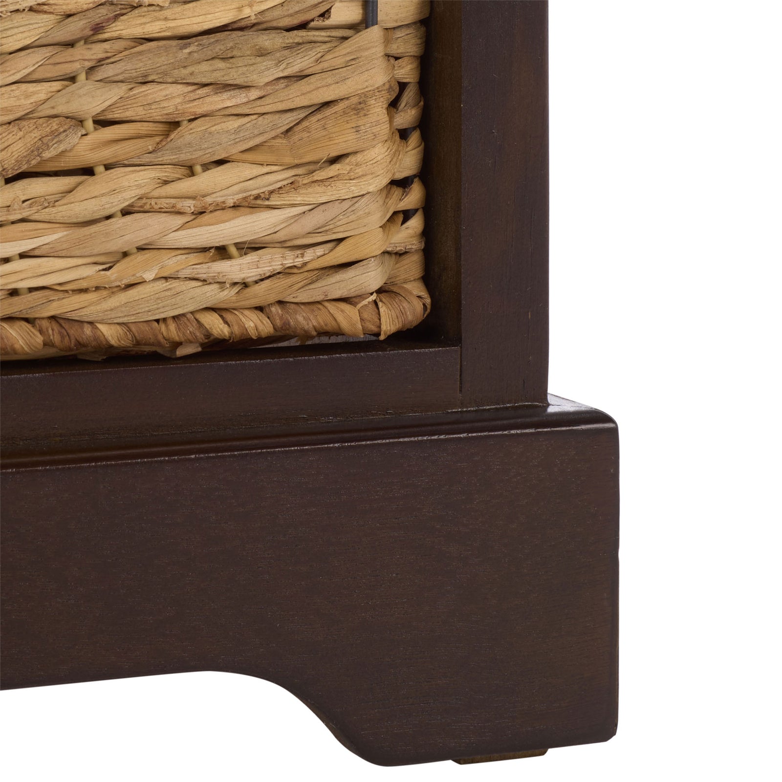 A softly curved brown base frames the woven basket storage above a sturdy foot. || AMH5700H || leg_studio