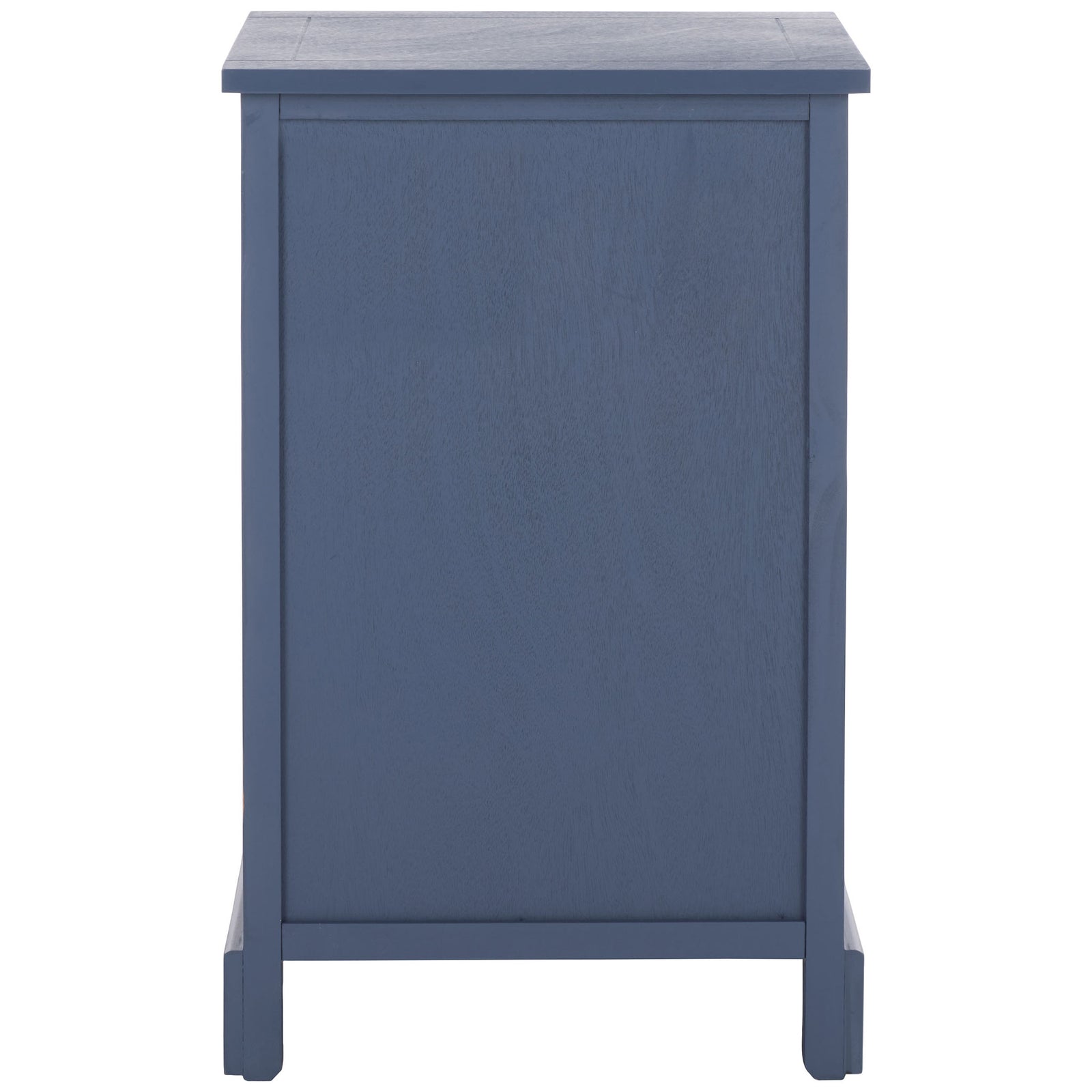 A blue side table pairs a recessed back panel with sturdy legs and a slim overhanging top. || AMH5700K || back_studio