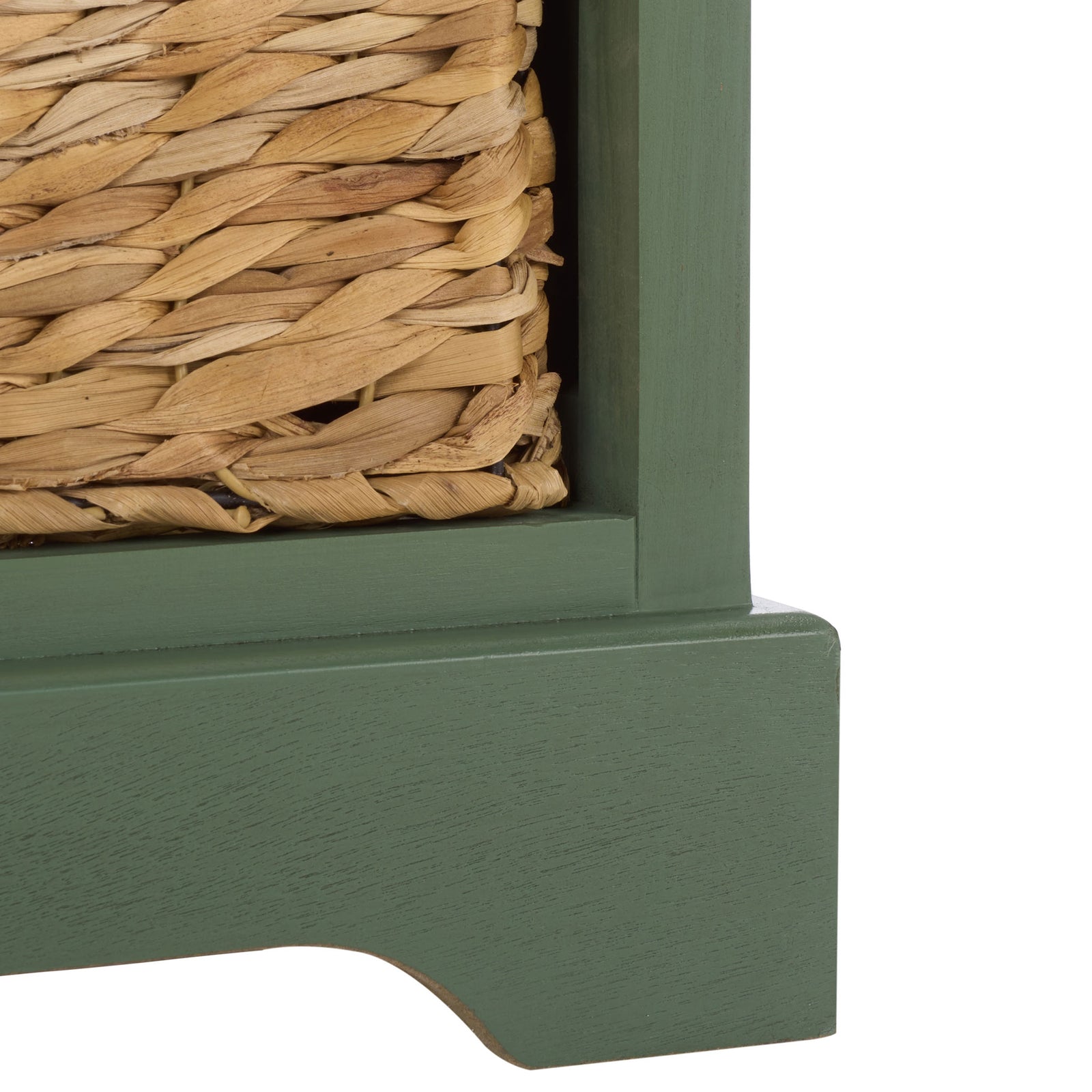 A softly arched green base and sturdy foot support the removable basket storage. || AMH5700L || leg_studio