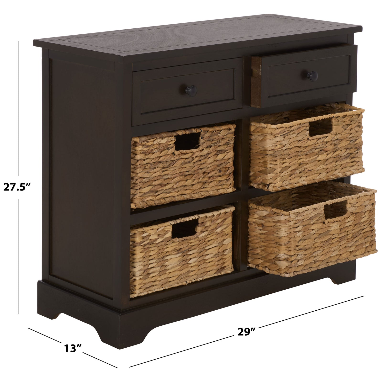 A dark brown cabinet measures 29 inches wide, 13 inches deep, and 27.5 inches high. || AMH5702H || dimension_studio