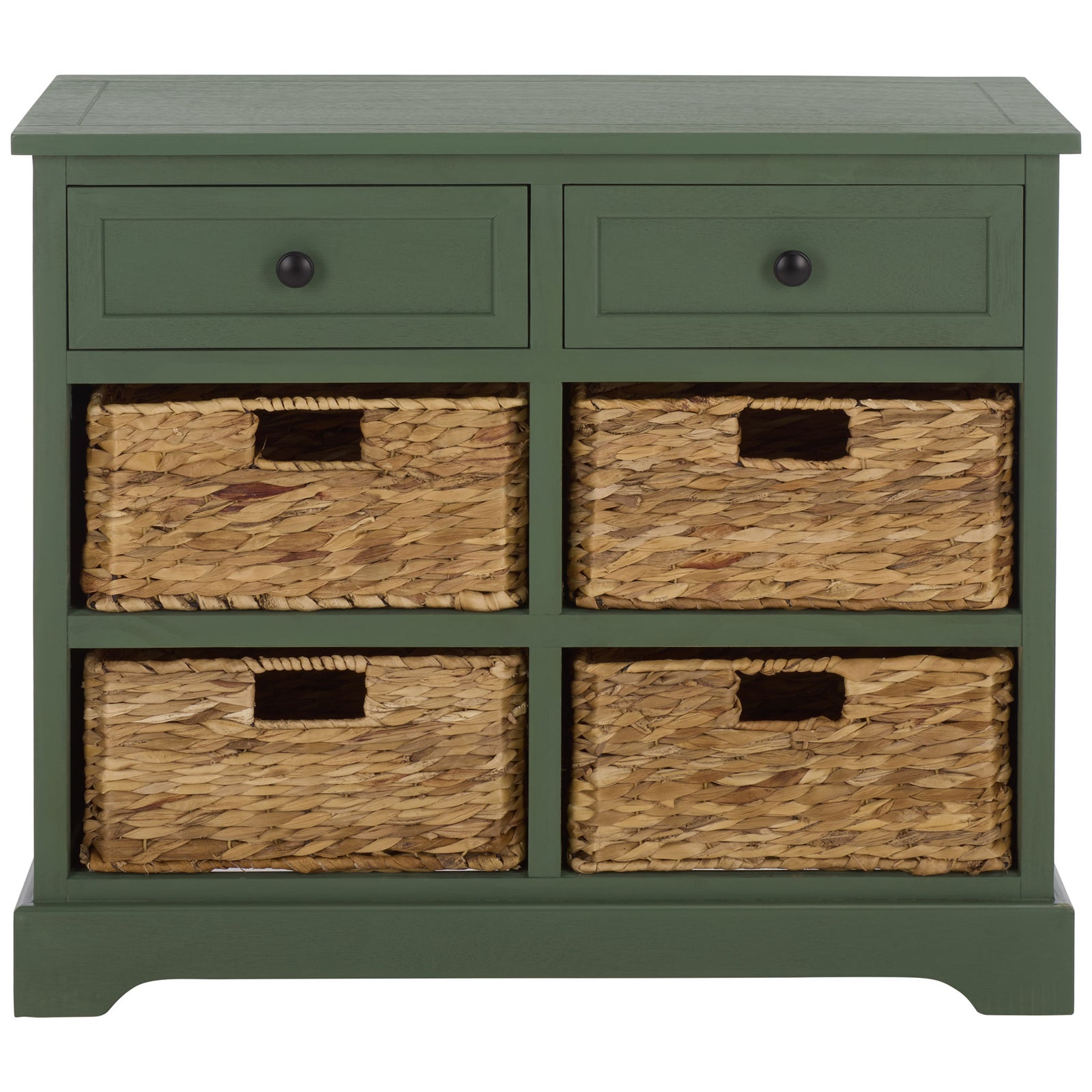 Dusty green framing holds two compact drawers and four natural woven baskets. || AMH5702L || front_studio