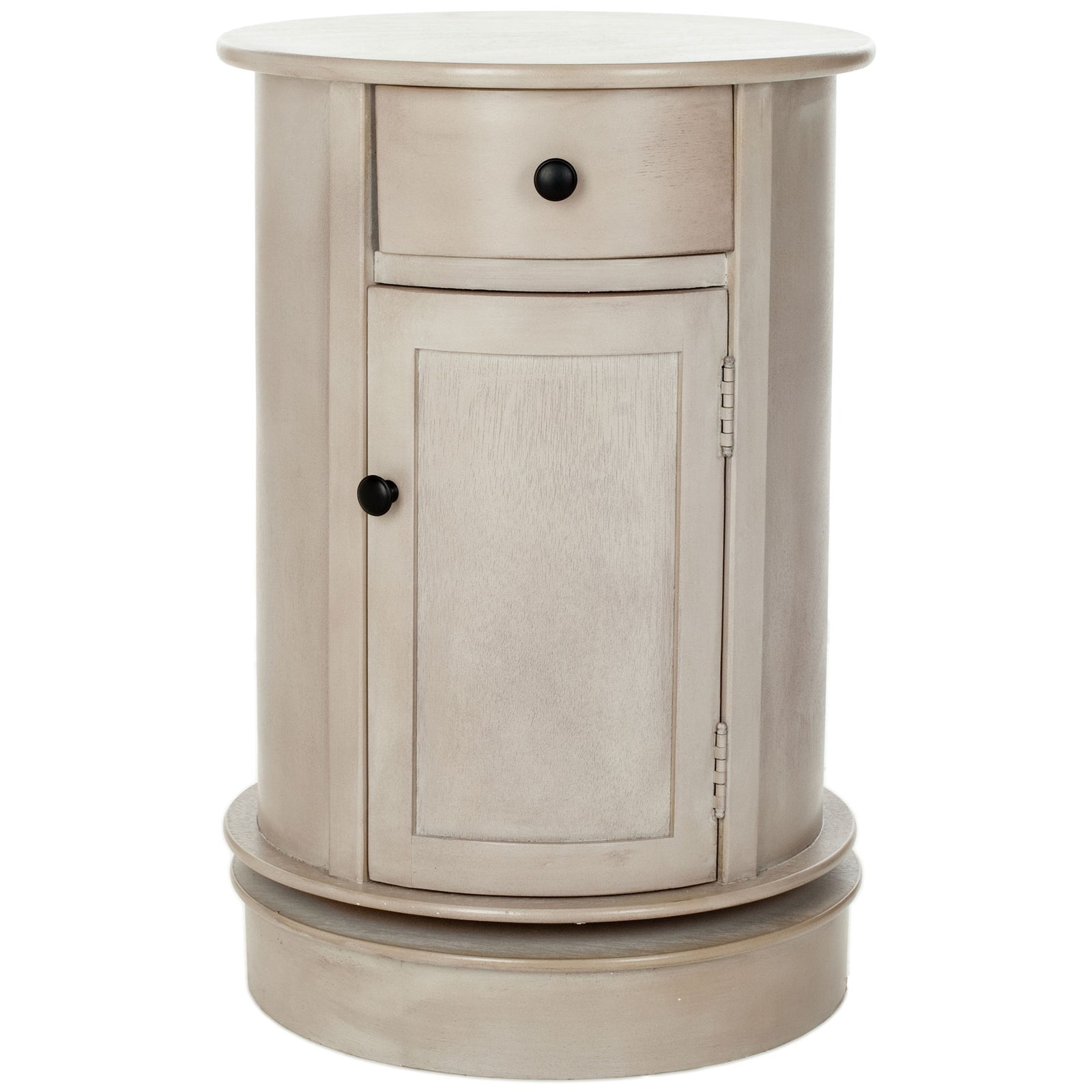 Vintage gray round table features a drawer, paneled cabinet door and wide pedestal base || AMH5712A || front_studio