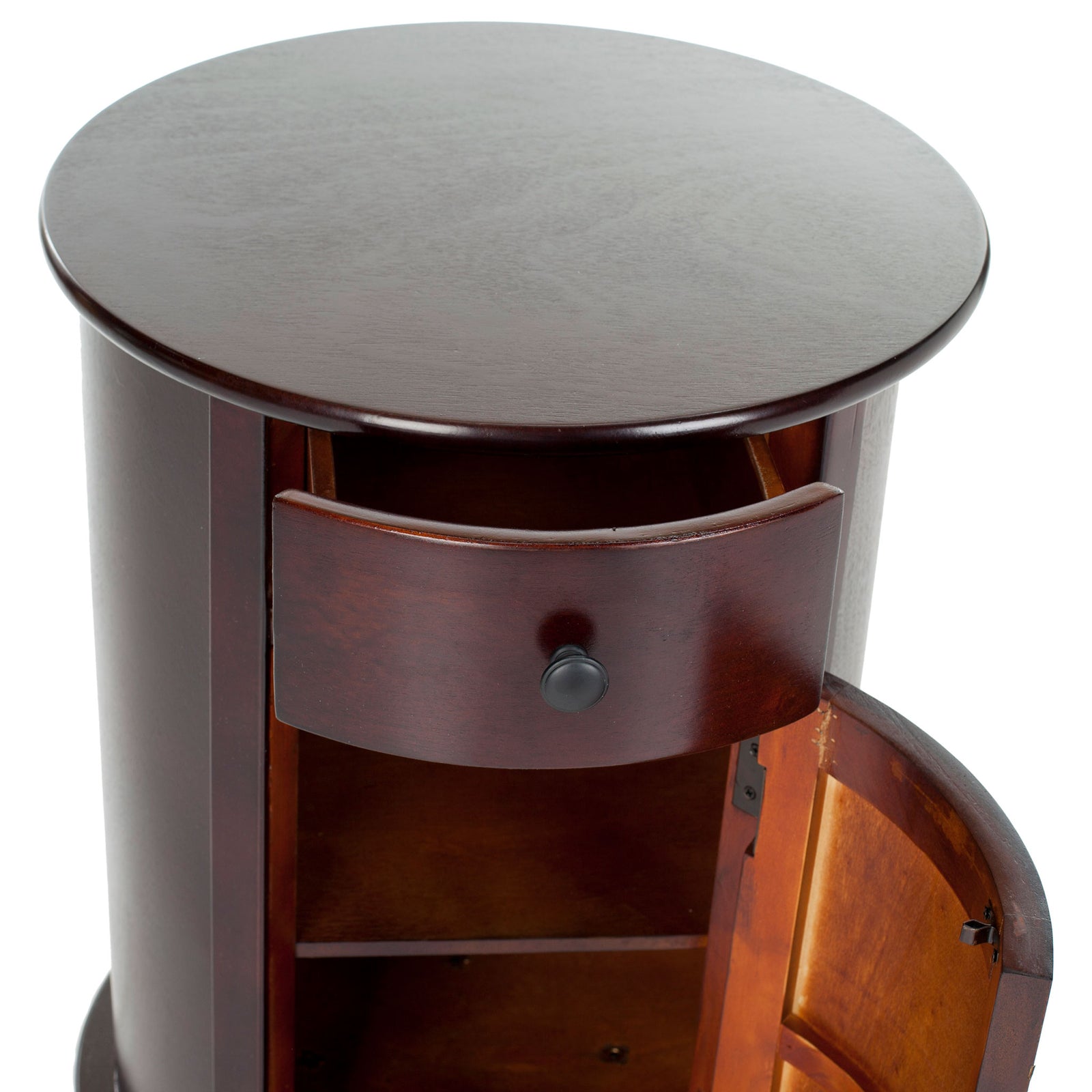 An open drawer and cabinet door reveal storage beneath a dark cherry round tabletop || AMH5712D || storage_open_studio