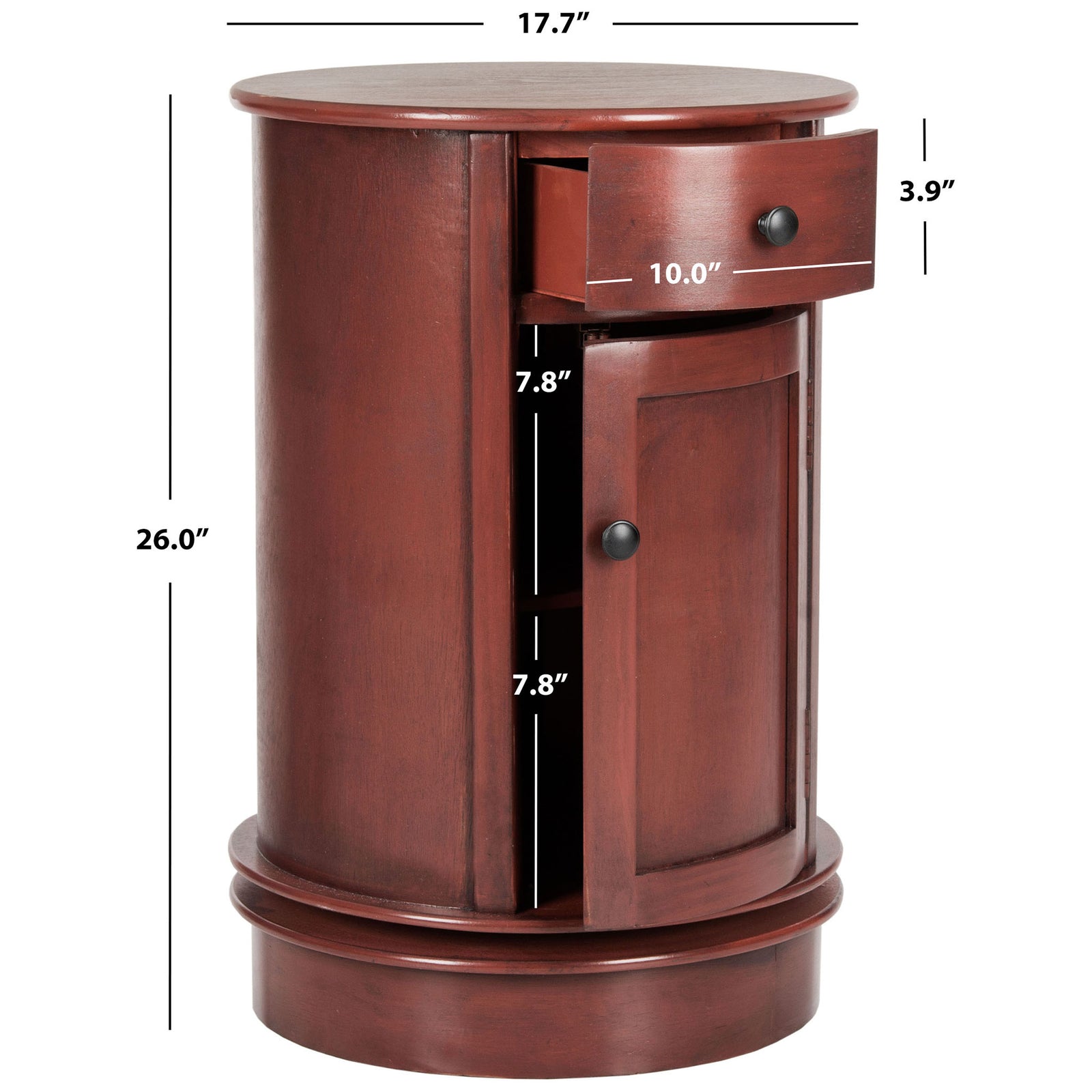 Rich red table stands 26 inches high with a 17.7-inch round top and two cabinet shelves || AMH5712E || dimension_studio